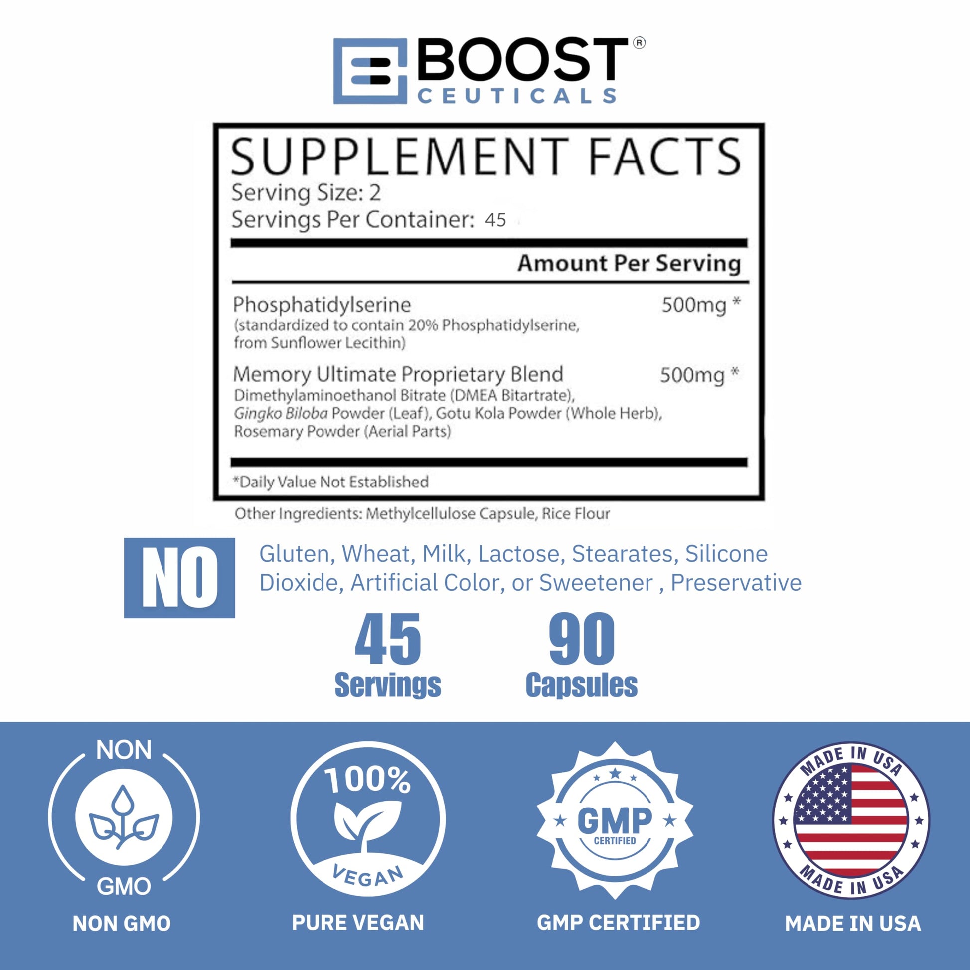 BoostCeuticals Phosphatidylserine 100mg with Ginkgo DMAE Gotu Kola - Memory, Stress & Cortisol Support, Cognitive Focus, Sleep Health, Brain Function Supplement, 90 Capsules BoostCeuticals uk supplements
