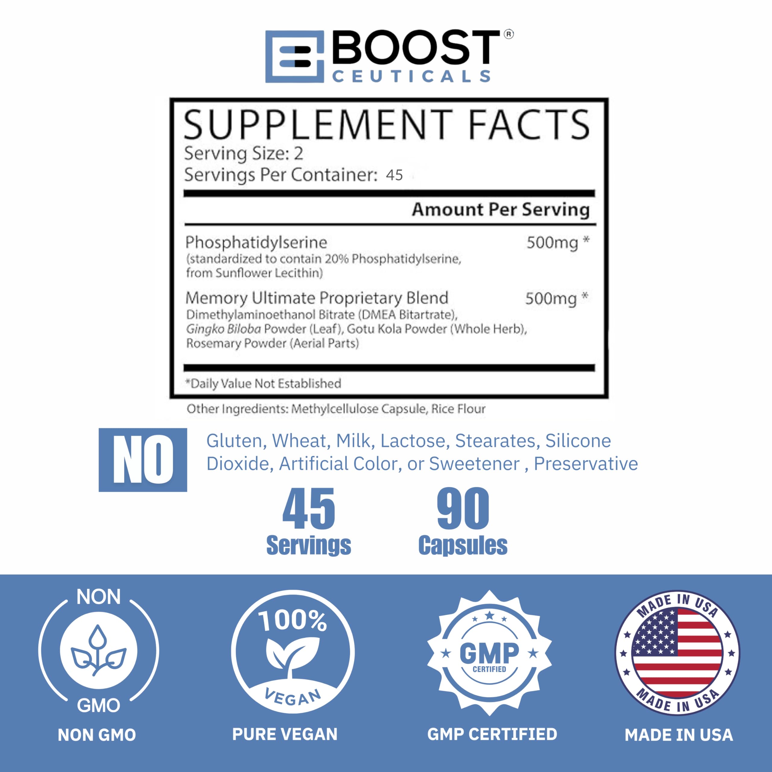 BoostCeuticals Phosphatidylserine 100mg with Ginkgo DMAE Gotu Kola - Memory, Stress & Cortisol Support, Cognitive Focus, Sleep Health, Brain Function Supplement, 90 Capsules BoostCeuticals uk supplements
