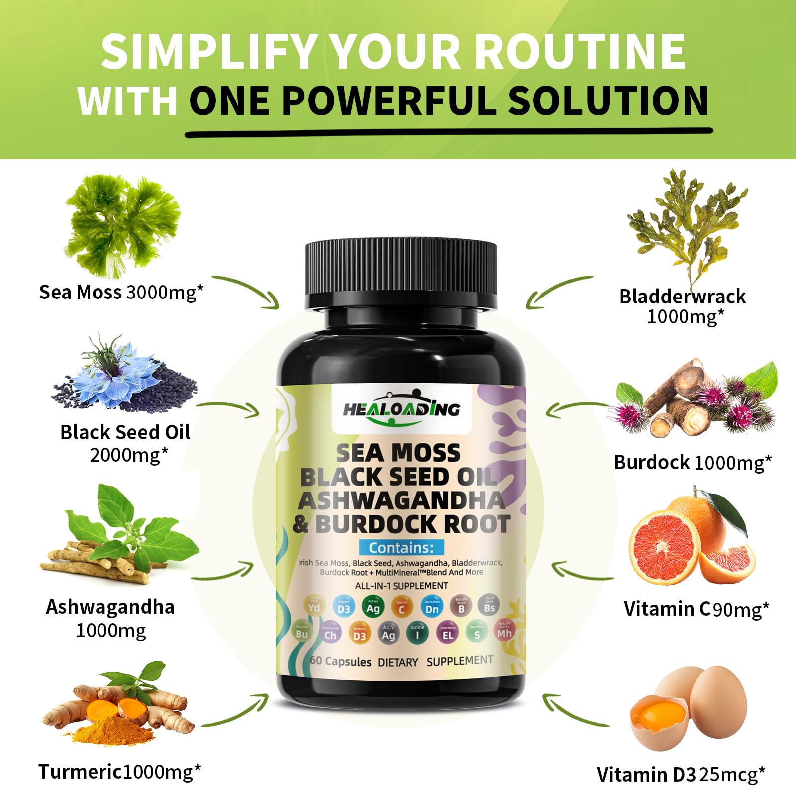 HEALOADING Sea Moss Capsules：Wildcrafted Organic Irish Seamoss & Bladderwack - Rich in Minerals, Supports Thyroid Health, Digestion, Skin & Immune System - Vegan, Non-GMO HEALOADING uk supplements