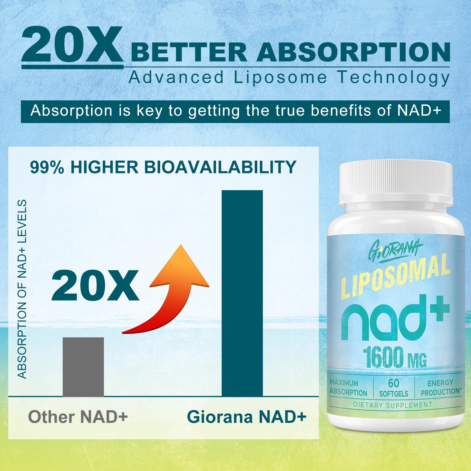 GIORANA 1600 MG Liposomal NAD+ Supplement, NAD+ Boosting Supplement, Superior Absorption, Vitamin B3 for Aging Defense, Longevity, Energy, Repair, Non-GMO, 60 Softgels GIORANA uk supplements