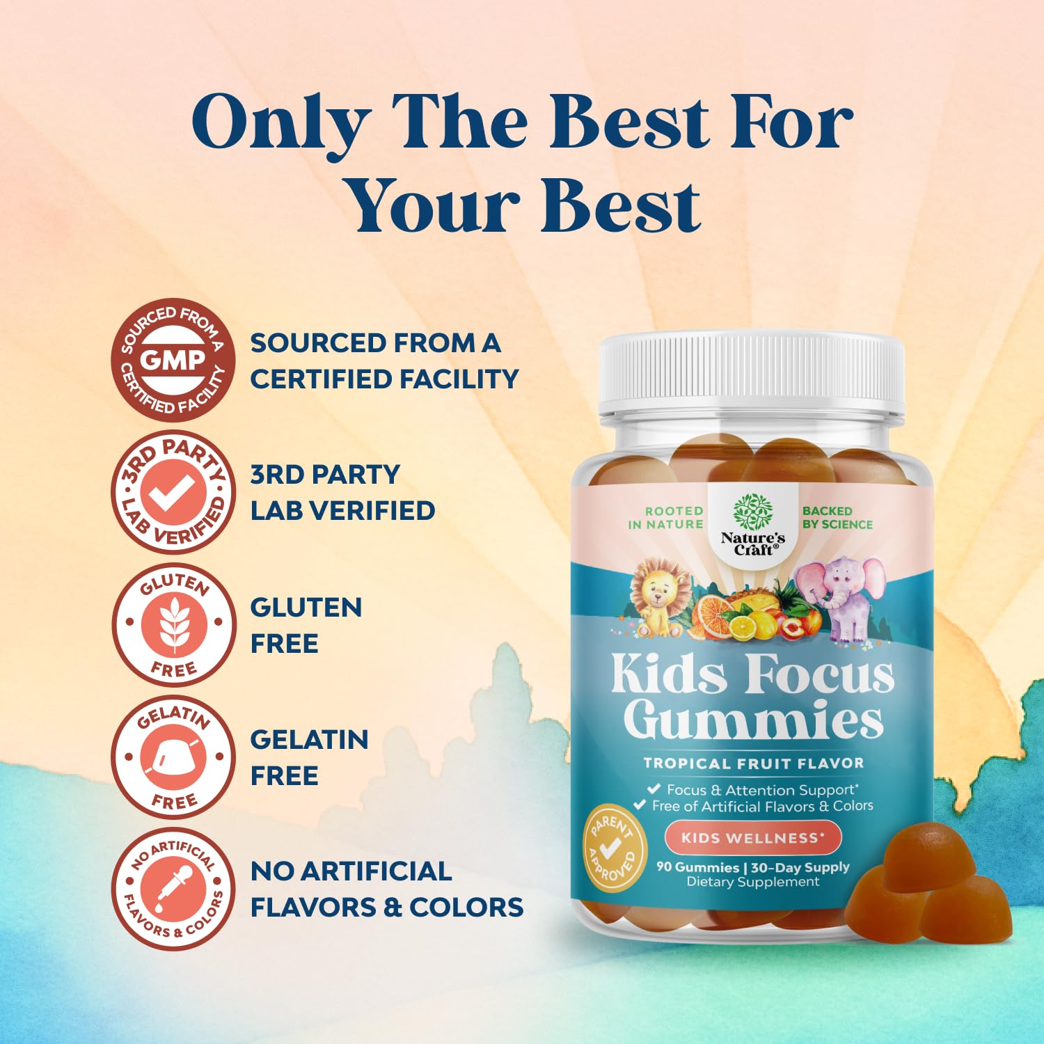 Kids Focus Gummies - Nootropics Brain Support Supplement for Kids with Green Tea Extract, B6 & B12 Vitamins for Memory and Brain Focus - Herbal Concentration Chews for Children - 90 Count Natures Craft uk supplements