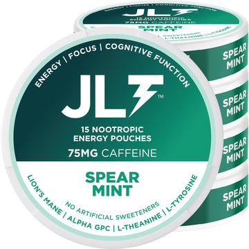 JLT 75 mg Caffeine Nootropic Pouches | Nootropic Energy Pouches with 75mg Caffeine, Lion's Mane, Alpha GPC, L-Tyrosine & L-Theanine with no Artificial Sweeteners | 15 Pouches Per Can JLT Energy uk supplements
