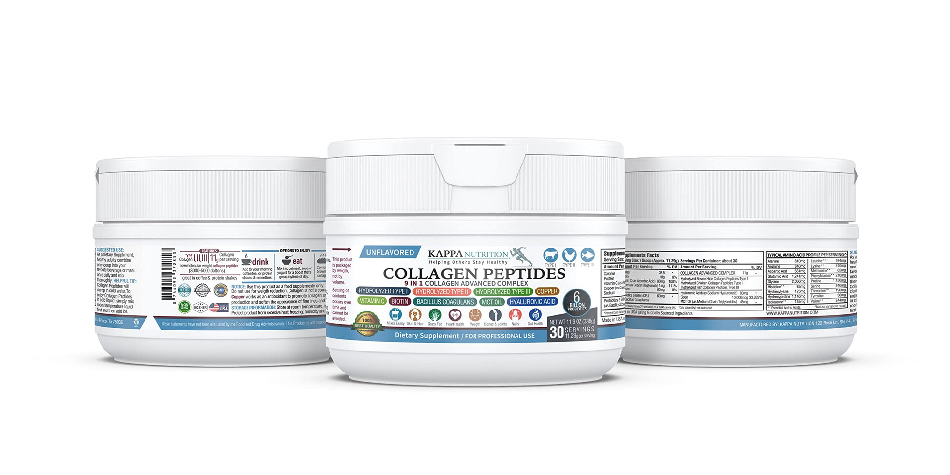 KAPPA NUTRITION Collagen Type I, II, III, 6 Billion Probiotic Acid Resistance, Hyaluronic Acid, Vitamin C, Biotin, Copper and MCT Oil, Beautiful Hair, Nails, & Skin, Collagen Peptides 9 in 1 (11.9oz) KAPPA NUTRITION uk supplements