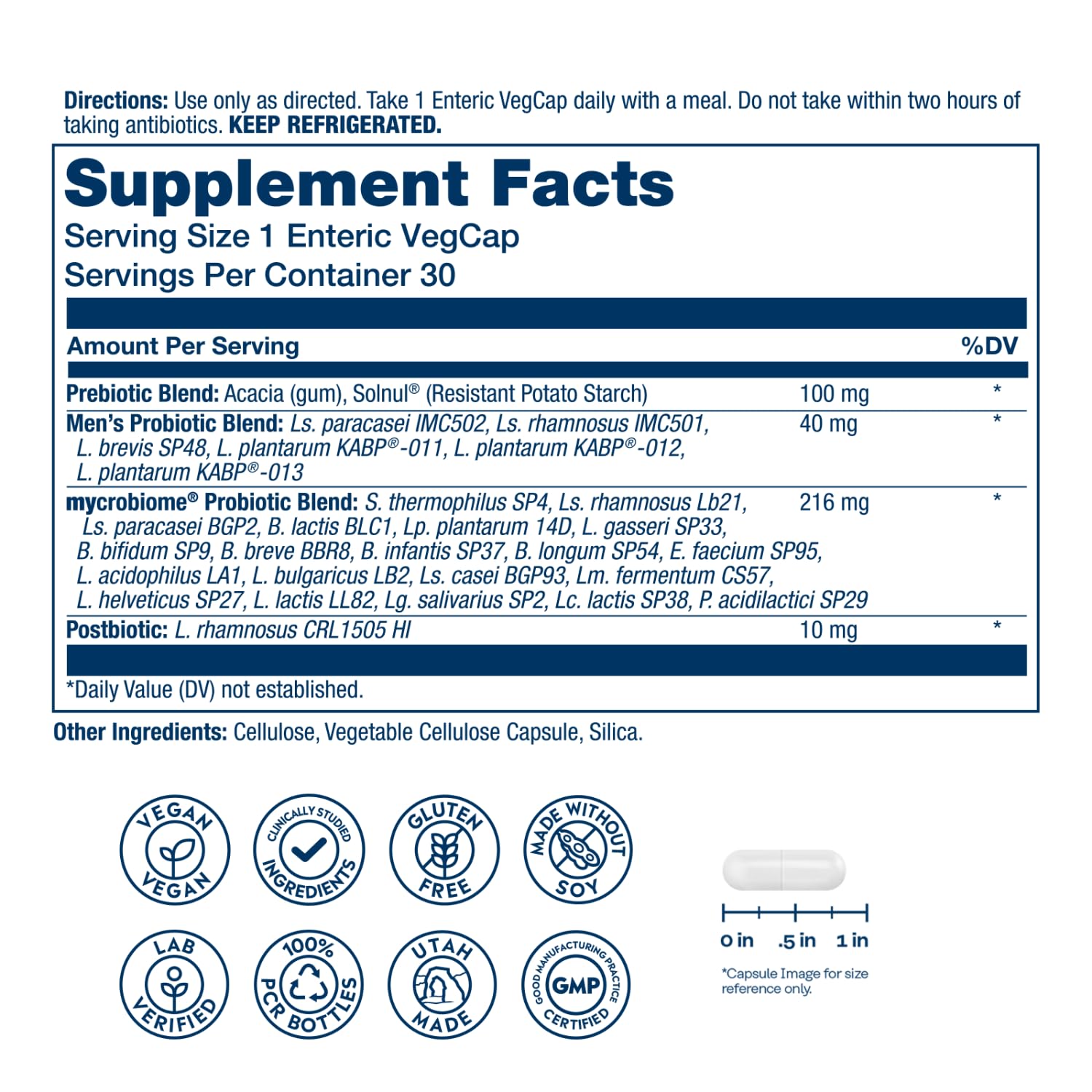 SOLARAY Mycrobiome Complete Probiotic Men's Formula - Pre and Probiotics for Men Plus Postbiotic - Digestive Health and Immune Support - 50 Billion CFU, 26 Strains - Vegan - 30 Servings, 30 VegCaps SOLARAY uk supplements