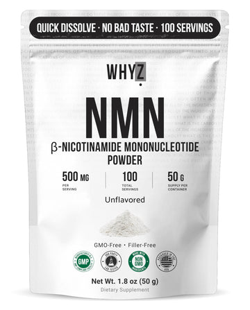 Pure NMN Powder Nicotinamide Mononucleotide Quick Dissolved NMN Supplement Powder 100% Unflavored NMN Supplement Supports NAD+ Levels Vegan Friendly Non-GMO, 50g WHYZ uk supplements