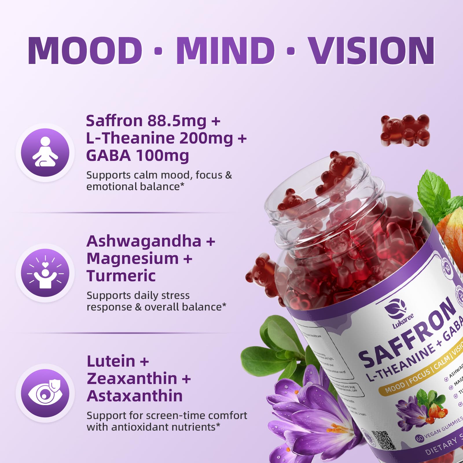 10-in-1 Saffron Supplements Gummies - Saffron Extract 88.5 mg with L-Theanine, GABA, Ashwagandha, Turmeric,Magnesium – Mood, Focus, Vision Support & Cortisol Balance, Sugar Free, Vegan, 60 Counts Lukaree uk supplements