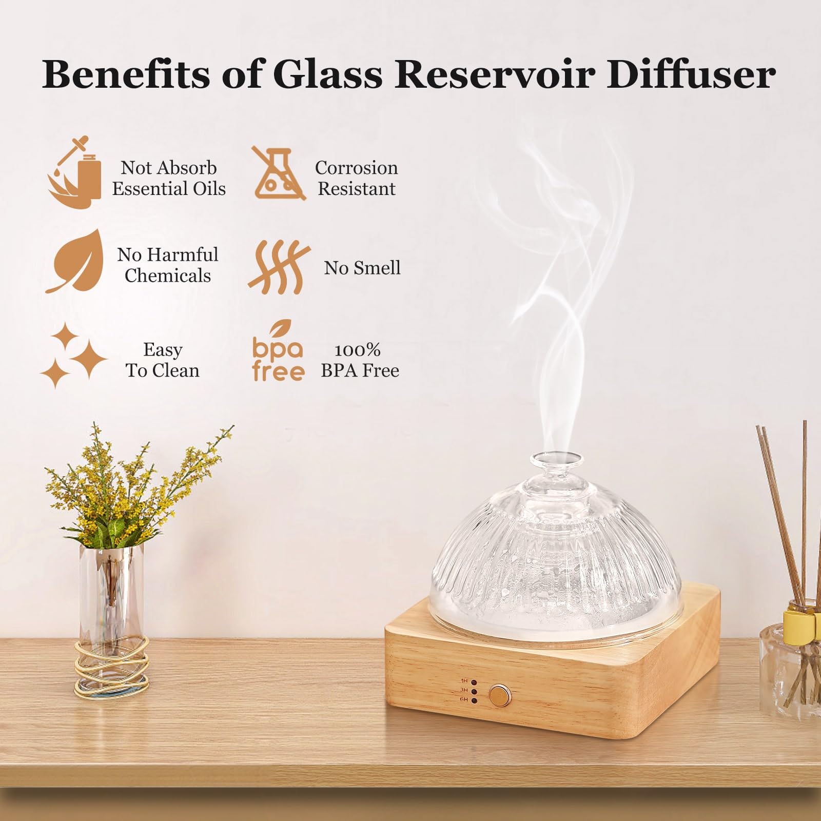 Lecdura Glass Essential Oil Diffuser with Glass Reservoir & Wood Base - Plastic Free, 200ml Lock Lecdura uk supplements