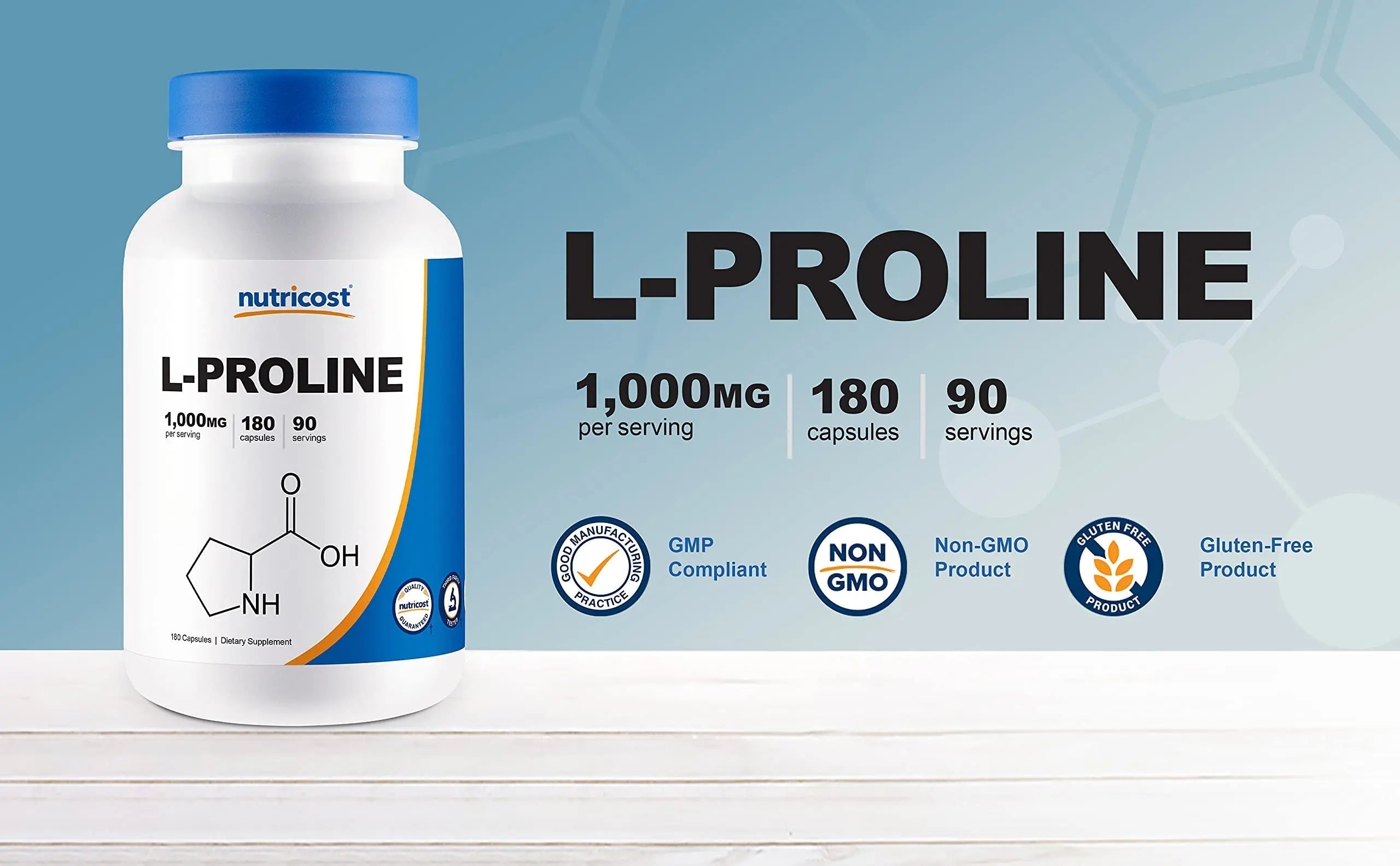 Nutricost L-Proline 1000mg, 180 Capsules (90 Servings) - 500mg Per Cap, Non-GMO, Gluten Free Nutricost uk supplements