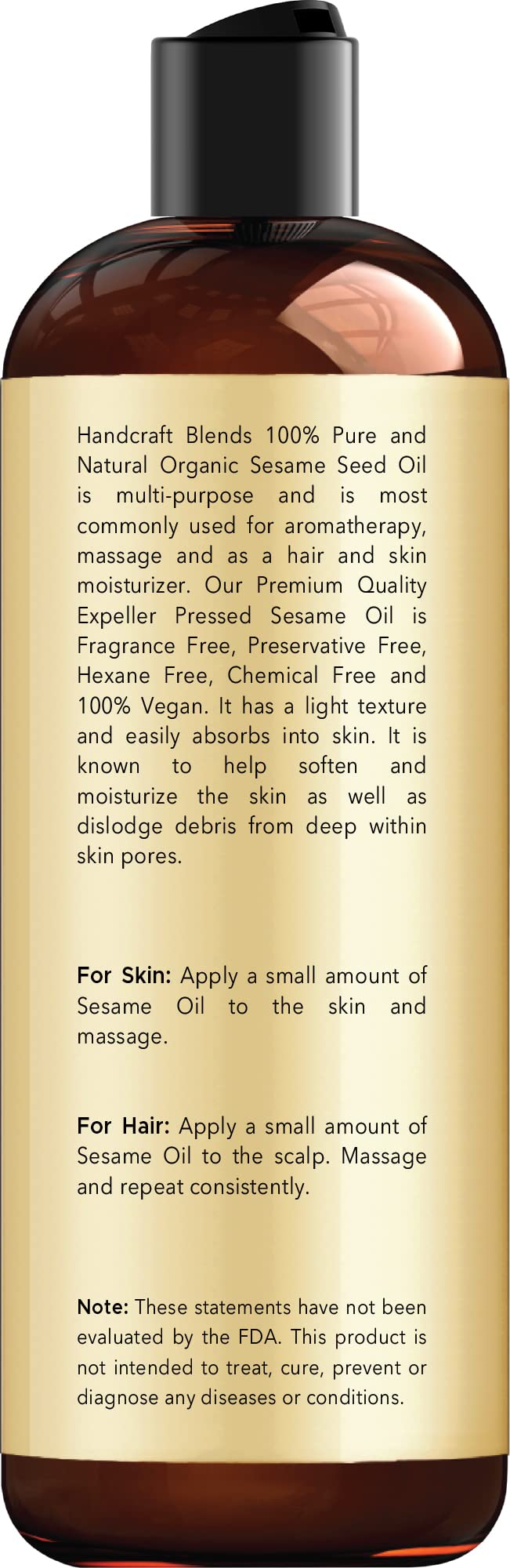 Handcraft Blends Organic Sesame Oil for Skin and Hair 8 oz - 100% Pure and Natural - Premium Handcraft Blends uk supplements