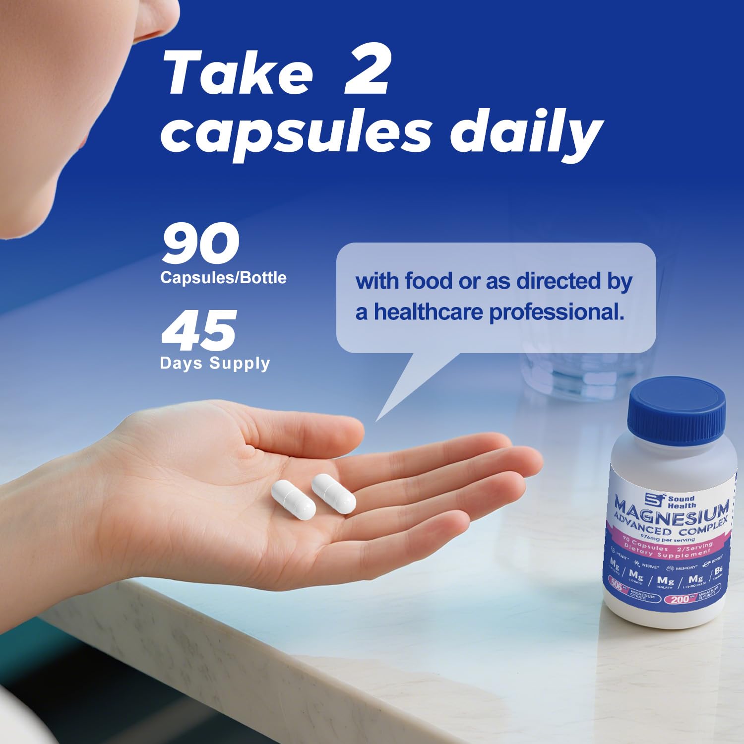 5 in 1 Magnesium Complex Capsule 976mg wtih Magnesium Glycinate, Citrate, Malate, L-Threonate & Vitamin B6, High Absorption Magnesium Complex for Women & Men, Third-Party Tested, Vegan, Non-GMO Sound Health Plus uk supplements