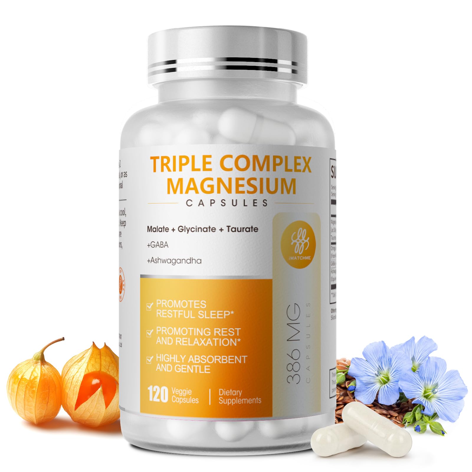 Triple Magnesium Complex - Magnesium Glycinate, Taurate & Malate Supplement with Omega3, Ashwagandha, GABA for Sleep, Brain Heart & Muscle Support - High Absorption and Gentle, Vegan, 120 Capsules iMATCHME uk supplements