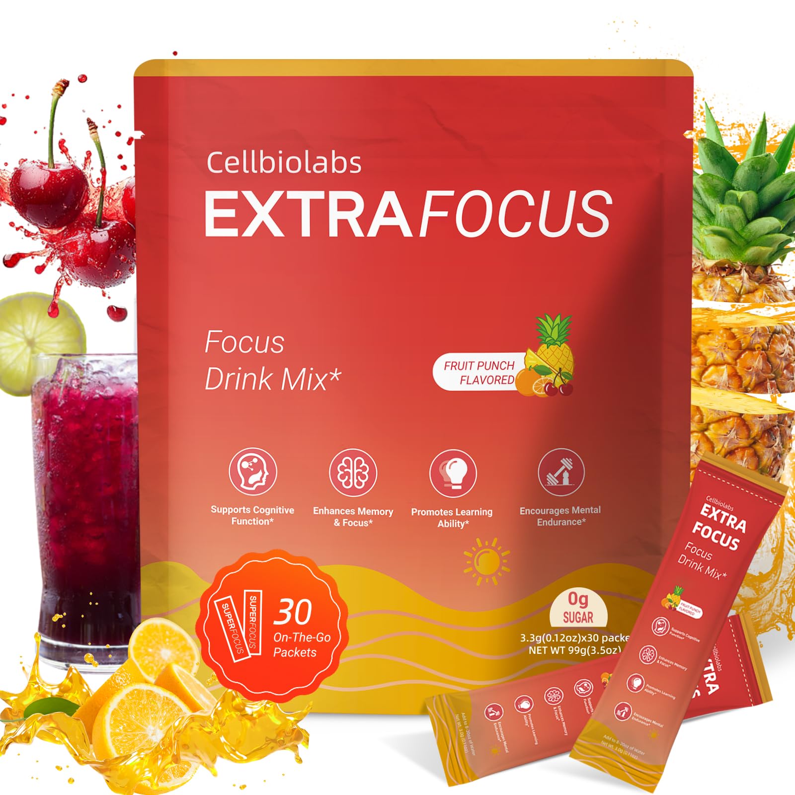 Nootropic Extra Focus Drink Mix, 30 Packs On-The-Go Sticks, Featuring Alpha-GPC, Lion's Mane & Rhodiola, Sugar-Free Packets Fruit Punch Clean Drink Mix Cellbiolabs uk supplements