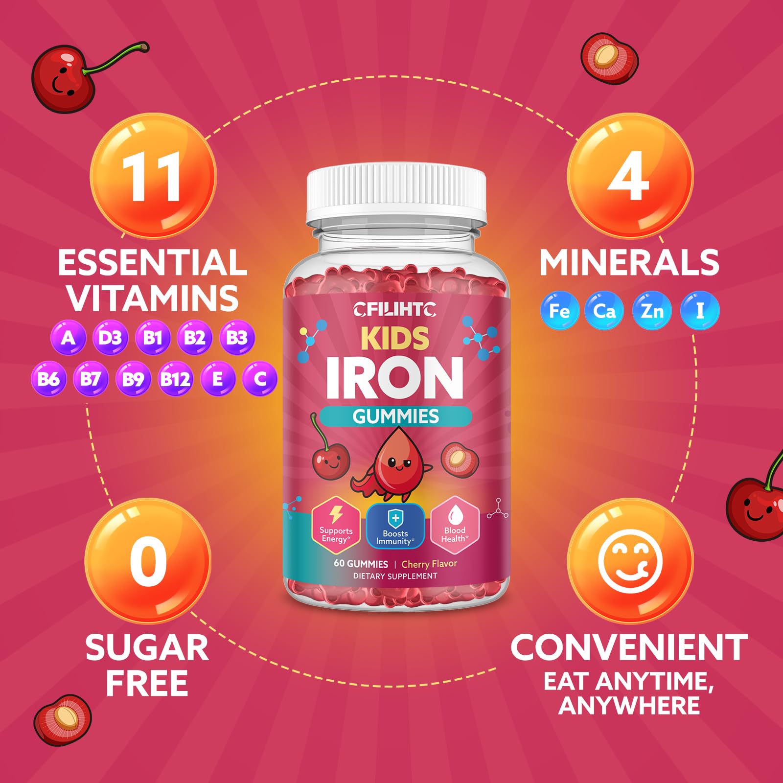 Iron Gummies for Kids & Teens, Kids Multivitamin with Iron Supplement, Calcium, Folate, Zinc, Prebiotic - for Blood Builder & Energy Support, Iron Deficiency - Vegan & Non-GMO - 60 Count Cherry CFILIHTC uk supplements
