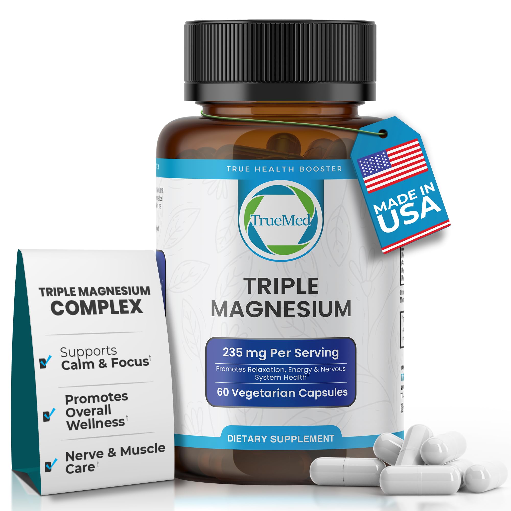 Truemed Triple Magnesium Complex Supplement 235mg with Magnesium Citrate, Malate & Lysinate Chelate | Magnesium Supplement for Sleep, Muscle Relaxation, Energy & Nerve Support | 60 Capsules, USA Made TRUEMED uk supplements