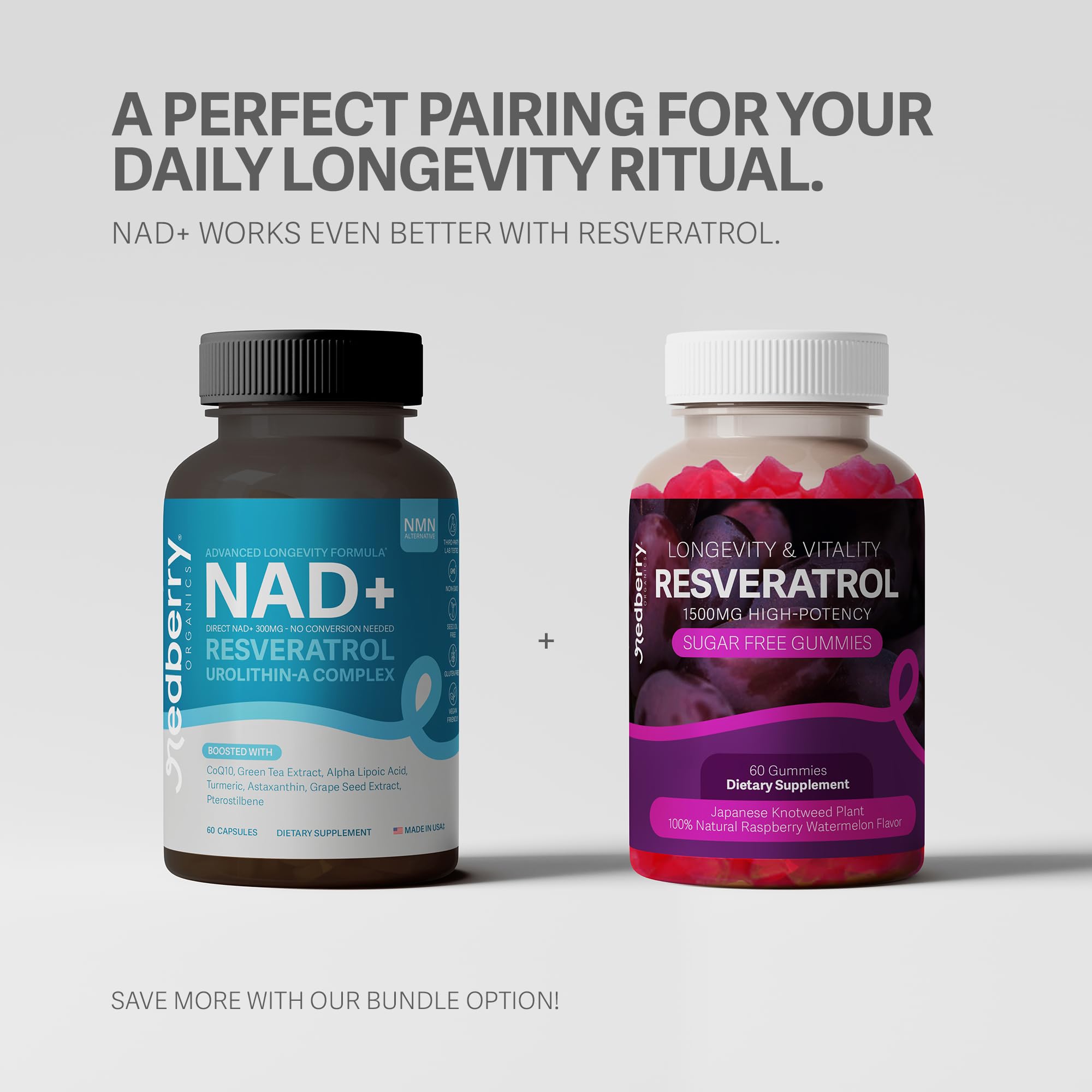 NAD Supplement with Direct NAD+ 300mg (NAD Plus) | Advanced Longevity Complex with Urolithin A & Resveratrol | NMN Alternative | 60 Capsules | Non-GMO, Gluten Free | Made in USA Redberry Organics uk supplements