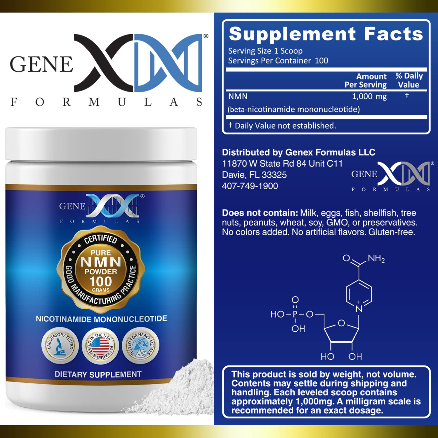 Genex Formulas Pure NMN Powder 100 Grams, Instant Dissolve, Shelf Stable, Non-Synthetic, PVP Free, Ultra-Low Density, 99.9% Pure NMN, Made in a US-Based, GMP, NSF & FSSC 22000 Certified Facility Genex Formulas uk supplements