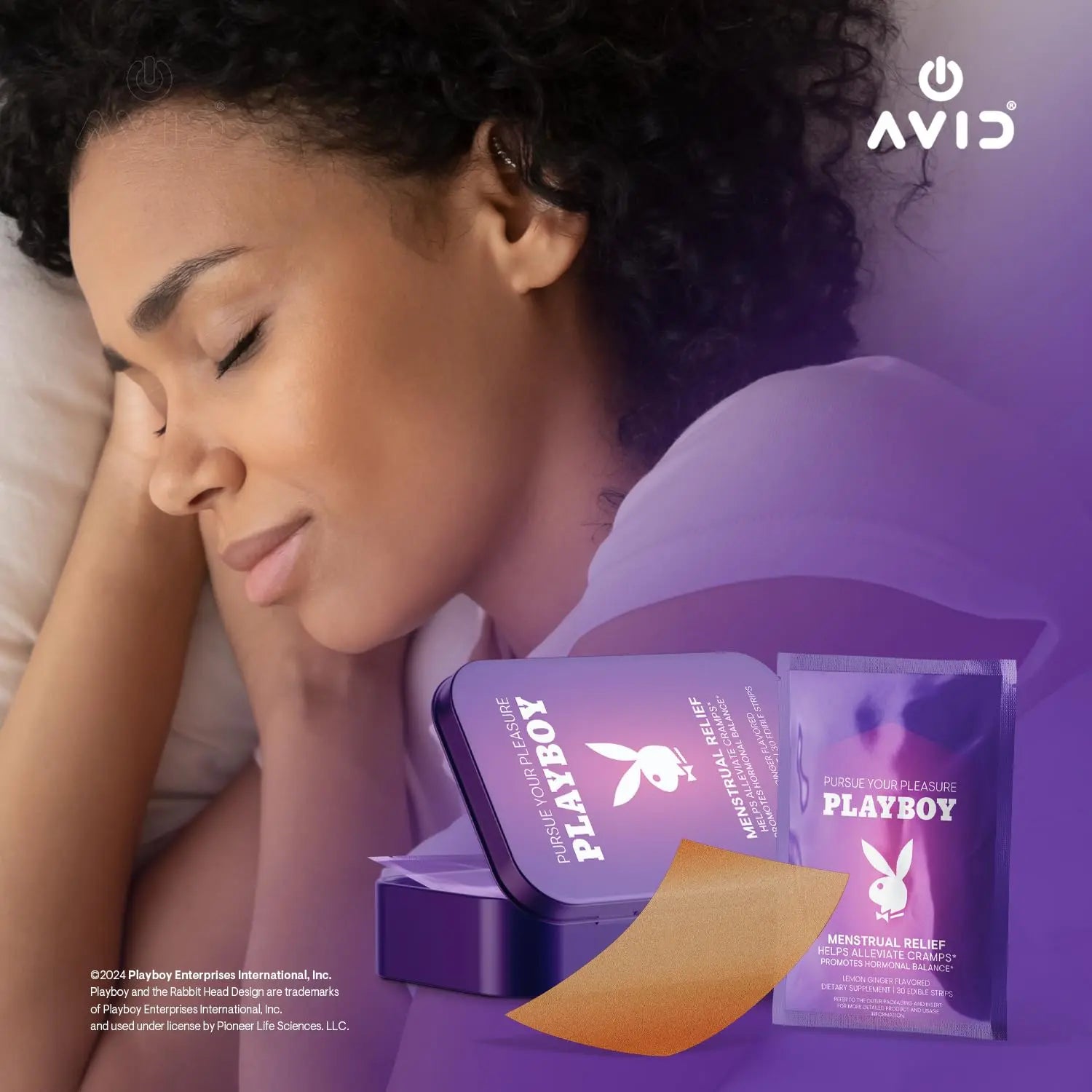 AVID Playboy - Menstrual Relief PMS Oral Strips (30 Edible Strips) Fast Dissolving PMS Cramp Relief & Hormonal Balance Strips for Women - Lemon Ginger Flavored Multi-Benefit PMS Supplement for Women Avid uk supplements