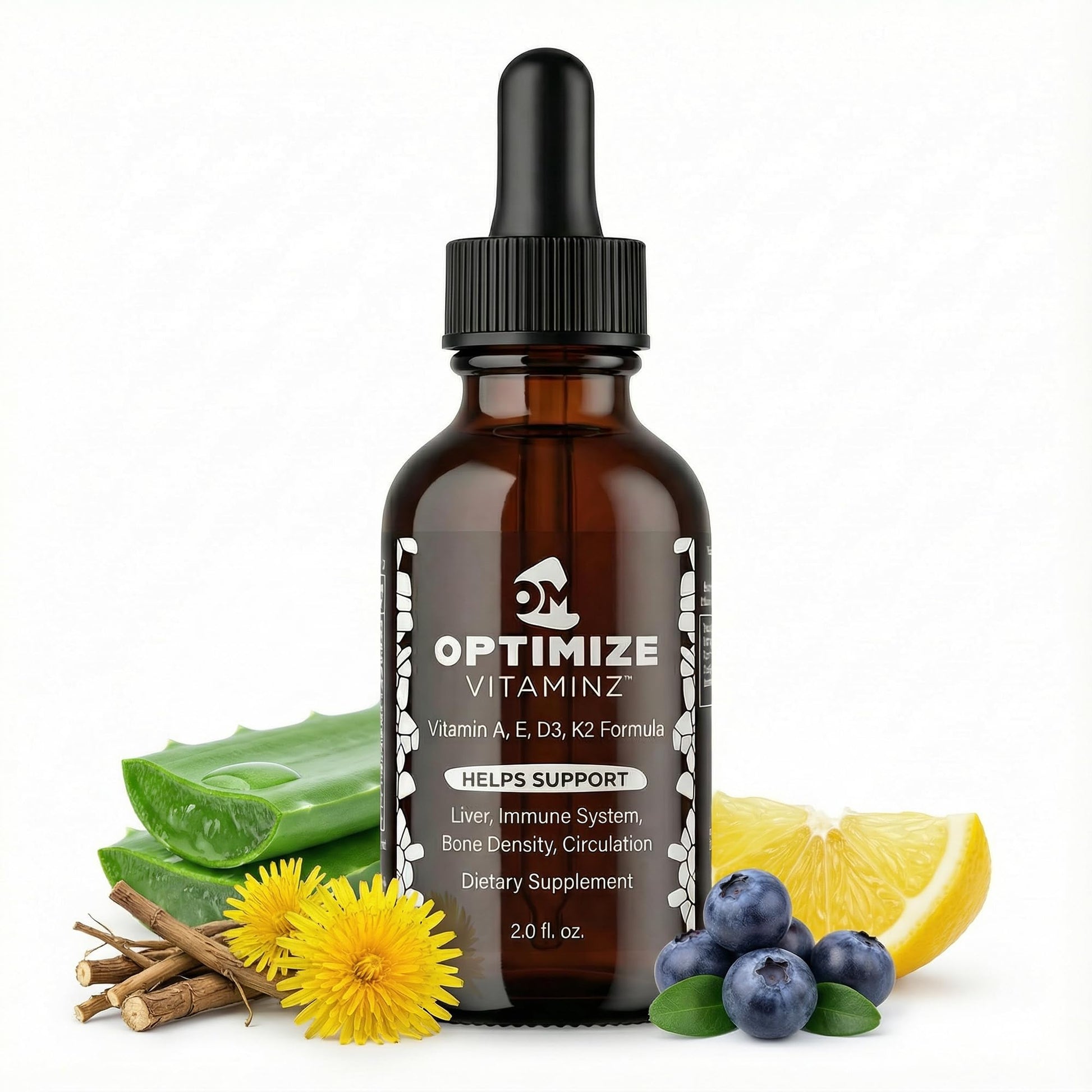Optimize Vitaminz Liquid Vitamin D3 K2 Drops with Dandelion Root & Bilberry | Immune, Liver & Bone Support, MK-7 Formula, Fast Absorption Liquid Multivitamin, 30 Day Supply, 2 Fl Oz Optimize Minerals uk supplements