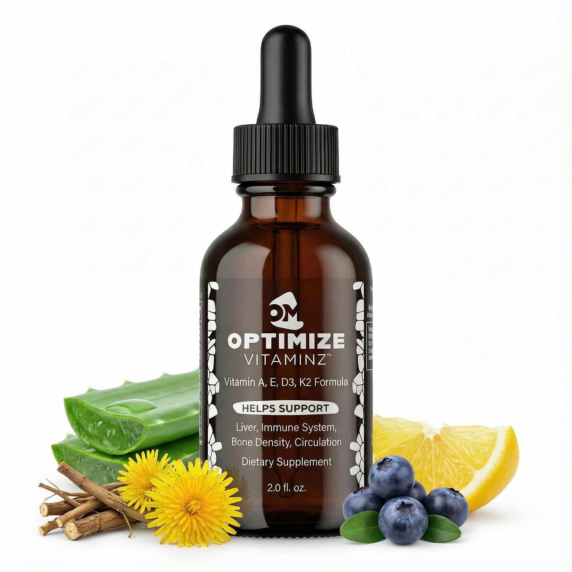 Optimize Vitaminz Liquid Vitamin D3 K2 Drops with Dandelion Root & Bilberry | Immune, Liver & Bone Support, MK-7 Formula, Fast Absorption Liquid Multivitamin, 30 Day Supply, 2 Fl Oz Optimize Minerals uk supplements