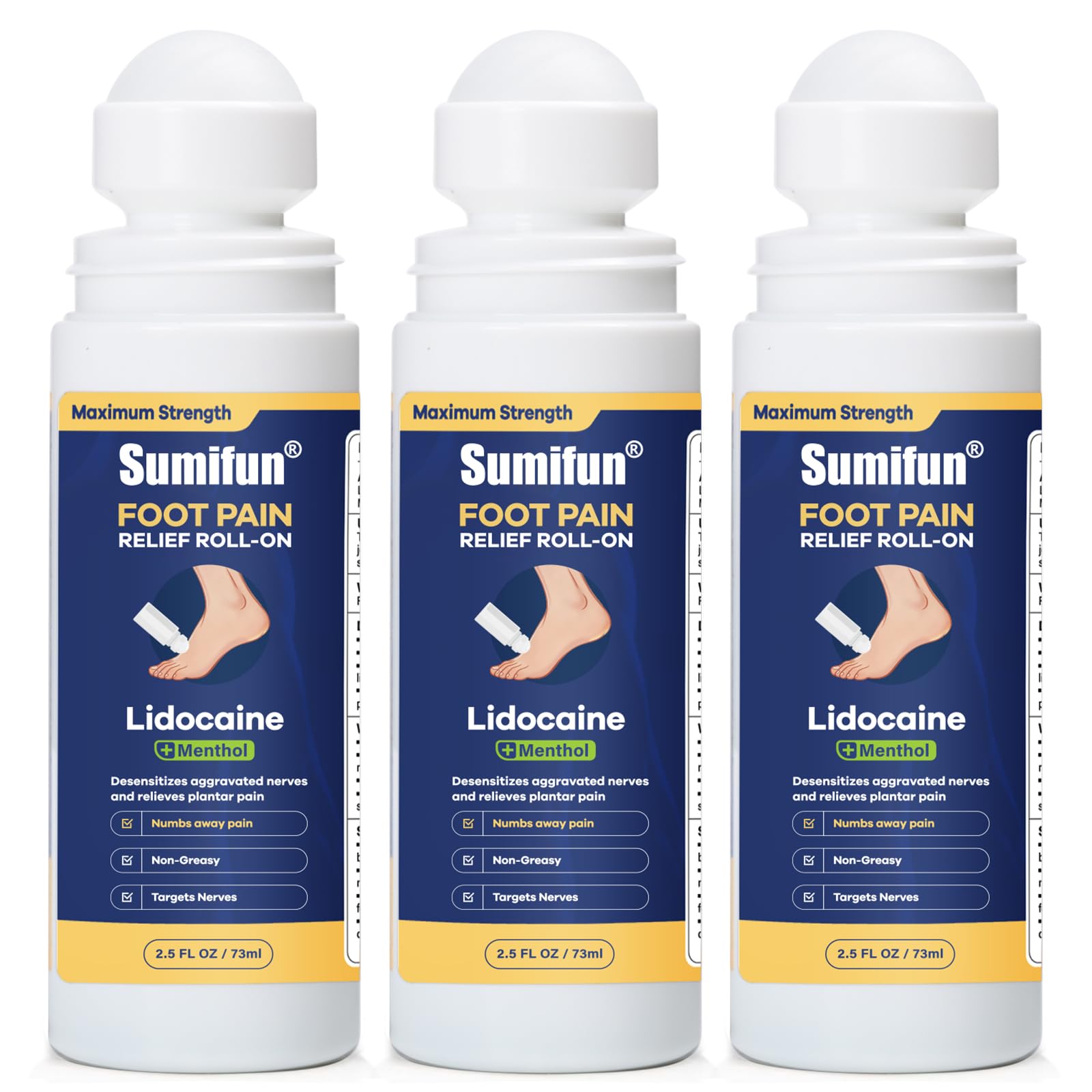 Sumifun Foot Pain Relief Lidocaine Roll-On - Maximum Strength OTC for Plantar Fasciitis & Heel Pain - Fast-Drying, Non-Greasy Formula, 2.5 Fl Oz * 3 Sumifun uk supplements