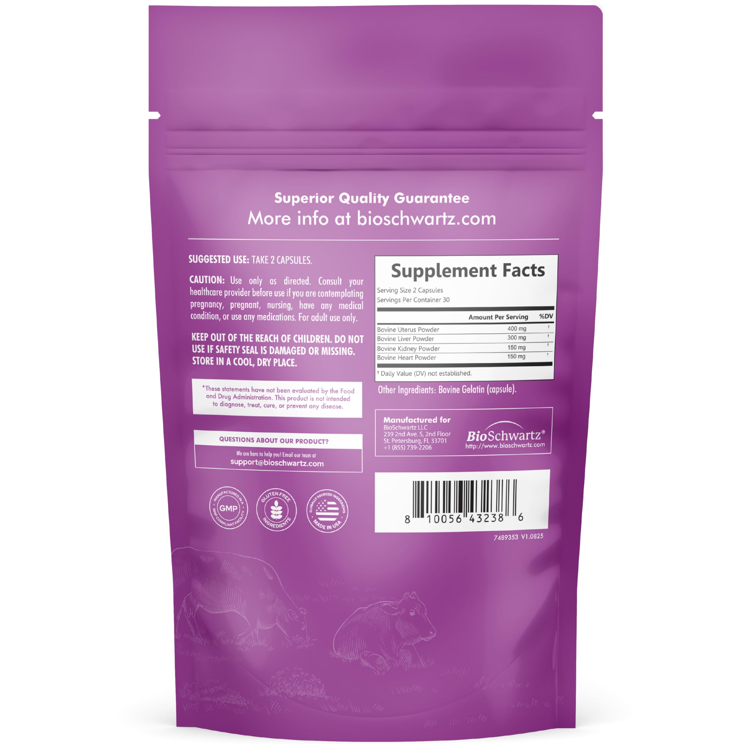 BioSchwartz Primal Beef Organ Supplement for Women - 60 Capsules - Grass-Fed & Pasture-Raised - Supports Healthy Hair Skin and Nails, Hormone Balance - with Bovine Liver, Kidney, Heart, Uterus Powder BioSchwartz uk supplements