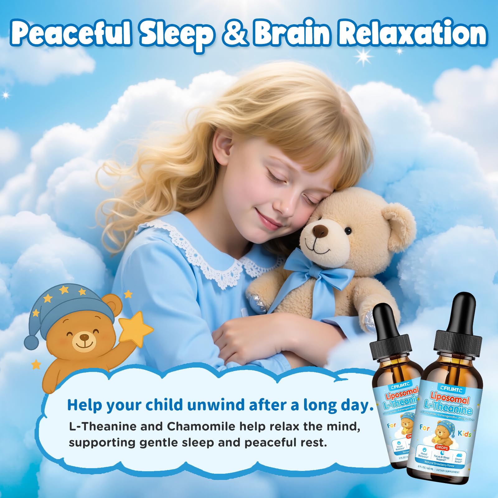 Liposomal L-Theanine Drops for Kids & Adults – Liquid L-Theanine Supplement with Magnesium Glycinate, Ashwagandha, Chamomile, Vitamin B6 & D3 – Supports Calm, Focus & Restful Sleep – Strawberry Flavor CFILIHTC uk supplements