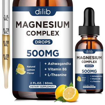 Magnesium Glycinate Liquid Drops, Triple Magnesium Complex Supplement with Citrate, Malate 500mg Ashwagandha, L-Theanine, Vitamin B6 for Sleep, Calm, Stress Relief, Bone, Muscle, Mood - Lemon Flavor dilib uk supplements
