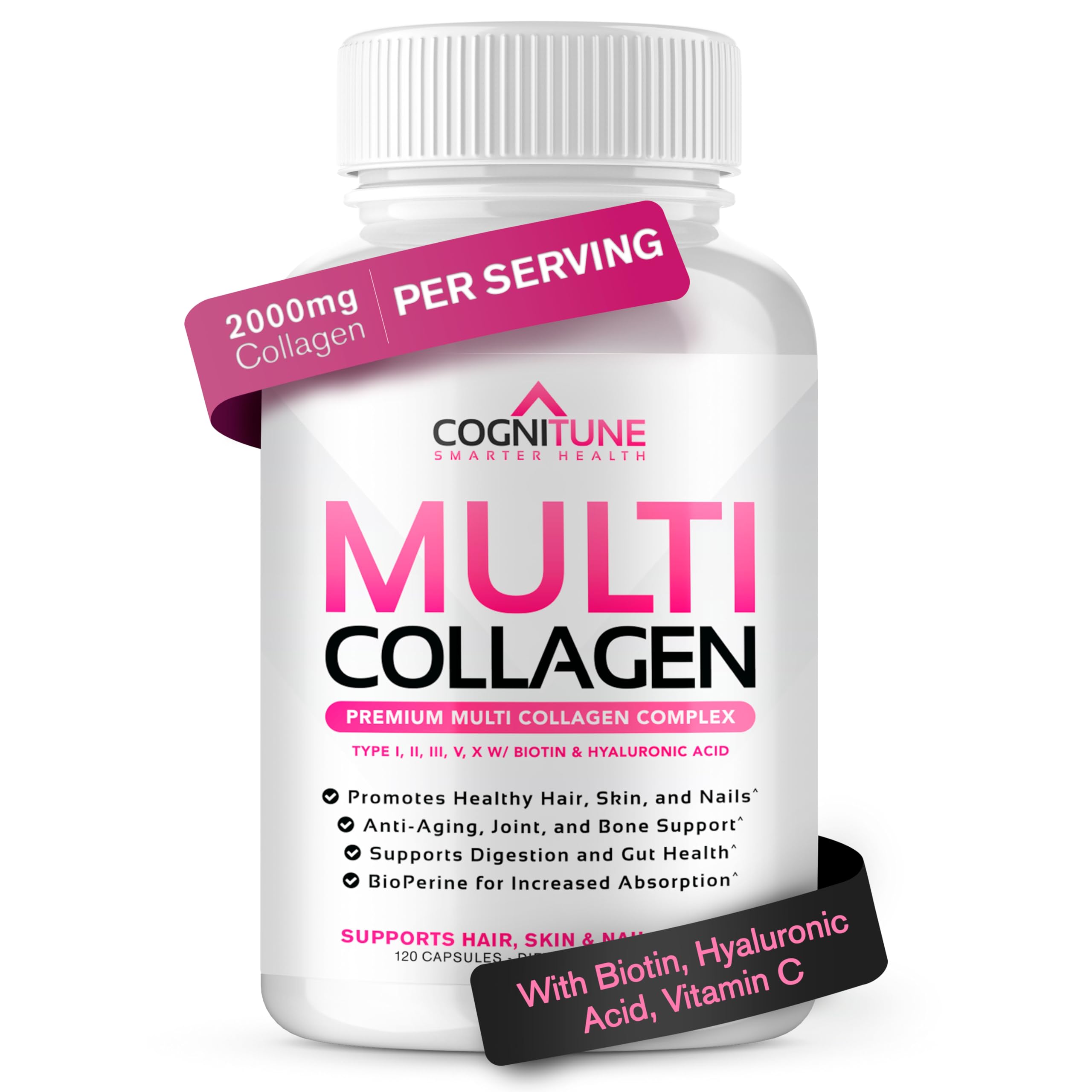 CogniTune Multi Collagen Peptides for Women with Biotin, Hyaluronic Acid, Vitamin C - 5 Types I II III V X Colageno Hidrolizado - 2000mg Hair Skin Nails Joints Support - 120 Capsules CogniTune uk supplements
