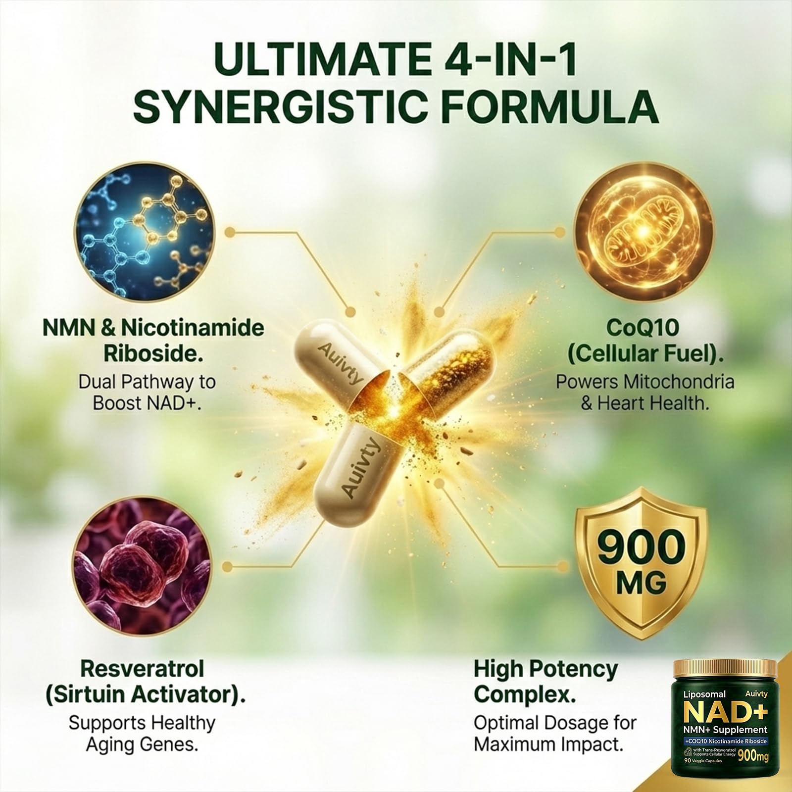 Auivty Liposomal NAD+ NMN Supplement with COQ10, Nicotinamide Riboside, Trans-Resveratrol, 900mg, 90 Veggie Capsules Auivty uk supplements