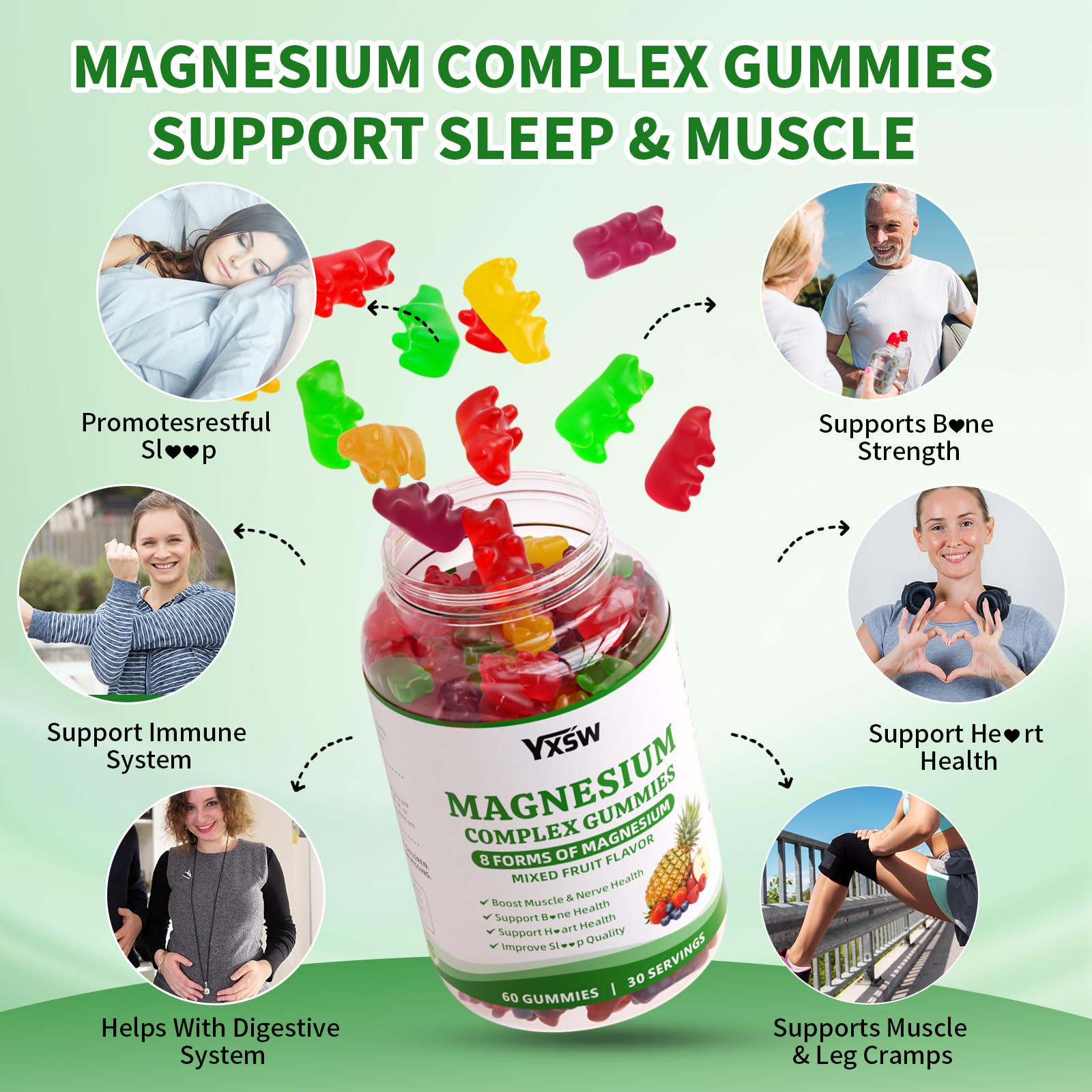 Magnesium Complex Gummies 8 Elemental 1000mg - Magnesium Glycinate, Citrate, Malate, Taurate, Supports Bones, Muscle, Nerve Health, for Women & Men, Vegan Non-GMO, Mixed Flavors, 60 Count YXSW uk supplements
