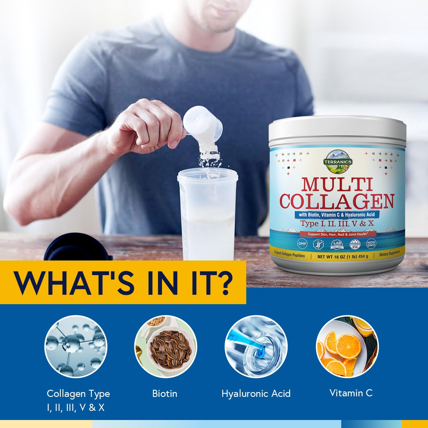 Terranics Multi Collagen Powder Type I II II V X with Biotin VC Hyaluronic Acid, Paleo Terranics uk supplements