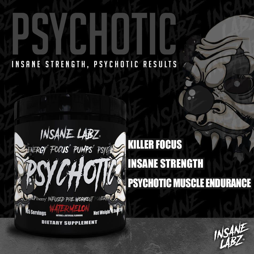 Insane Labz Psychotic Black Edition Mid Stimulant Pre Workout Powder, Energy Focus Pumps, Loaded with Creatine Beta Alanine Taurine Fueled by AMPiberry, 35 Servings (Blue Raspberry) Insane Labz uk supplements