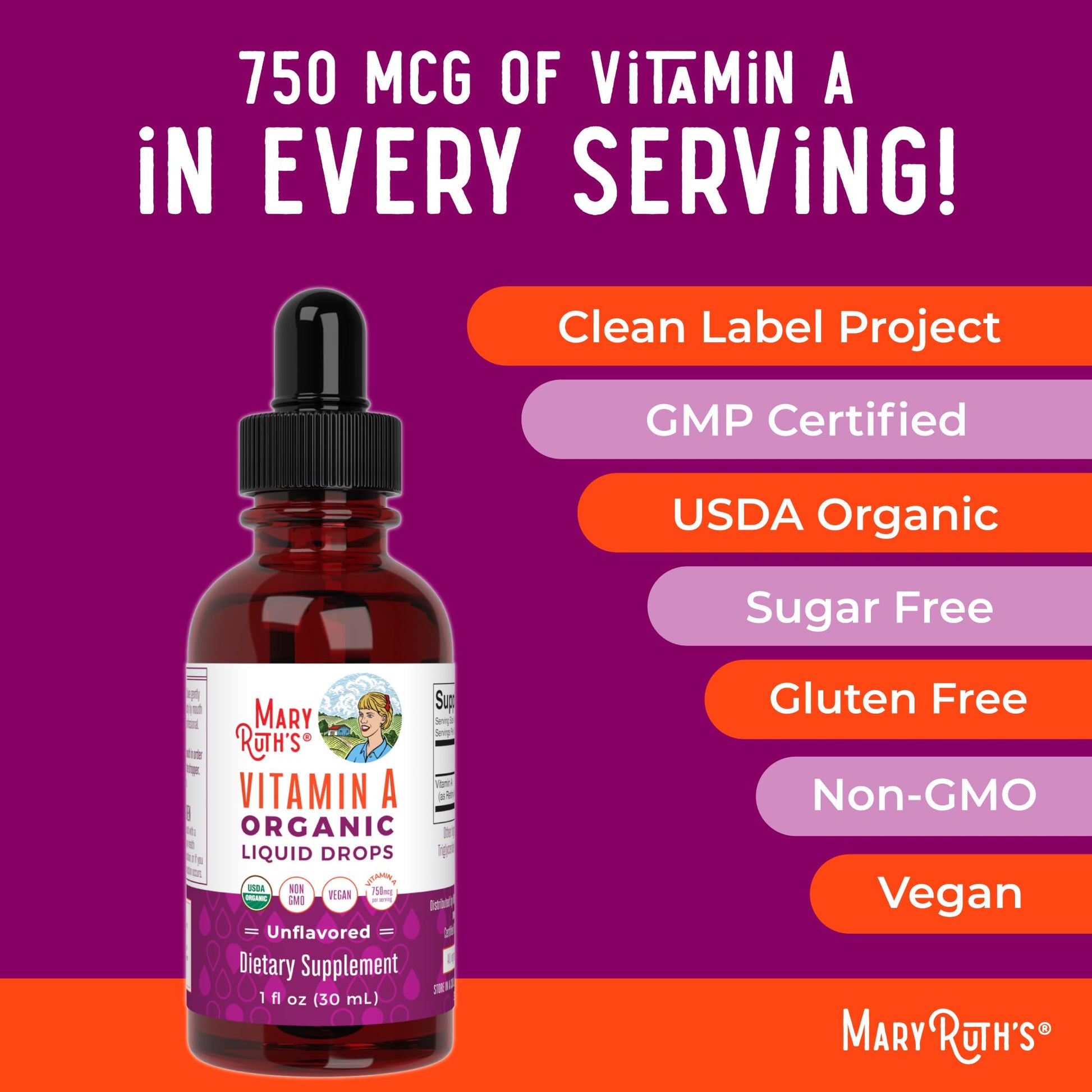 MaryRuth Organics USDA Organic Vitamin A Liquid Drops | 3 Month Supply | Bone Health for Ages 14+ | Essential Vitamin | 750mcg per Serving | Sugar Free | Vegan | Non-GMO | Gluten Free | 1oz MARYRUTH'S uk supplements