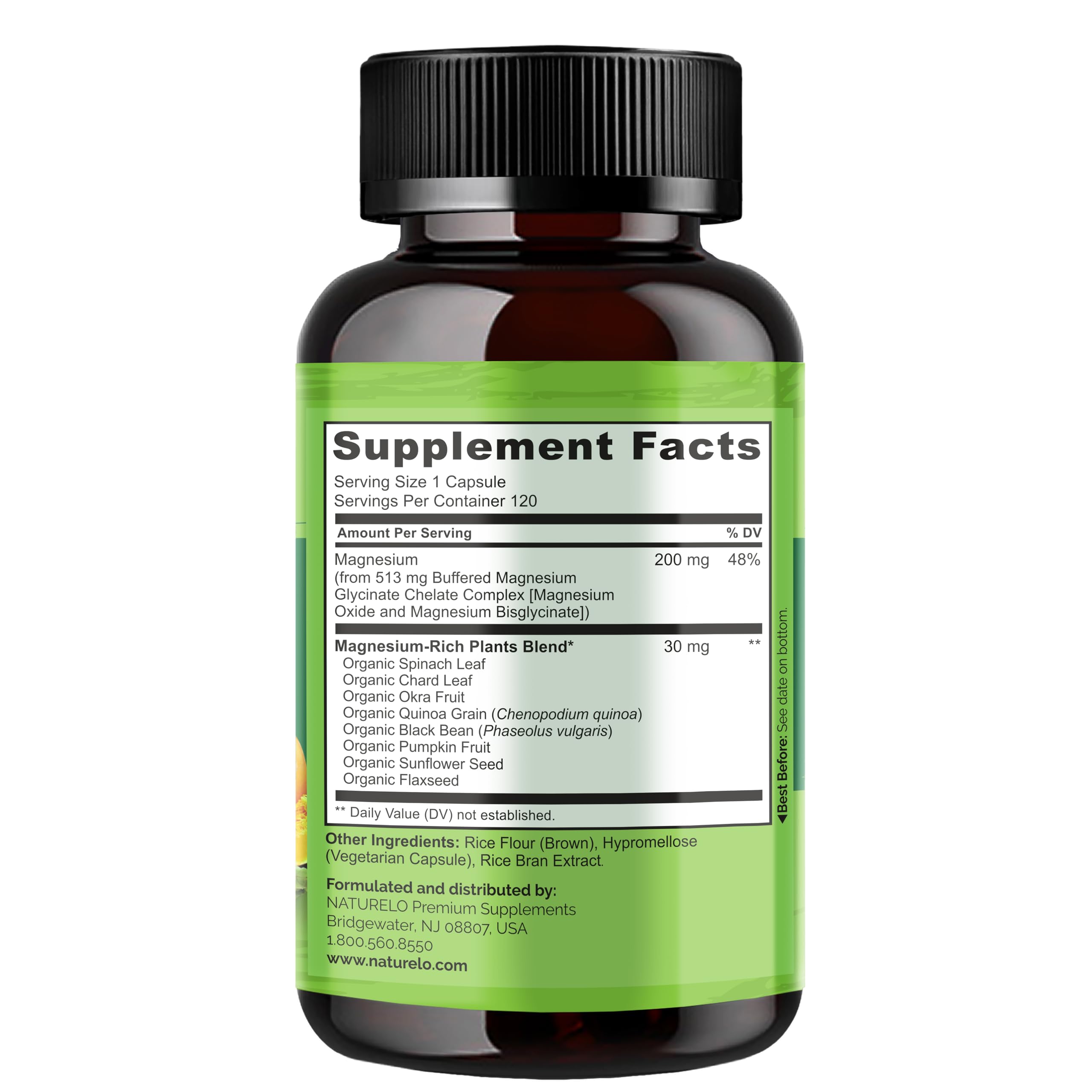 NATURELO Magnesium Glycinate Chelate Complex - 200 mg Magnesium with Organic Vegetables to Support Sleep, Calm, Muscle Cramp & Stress Relief - Gluten Free, Non GMO - 120 Capsules NATURELO uk supplements