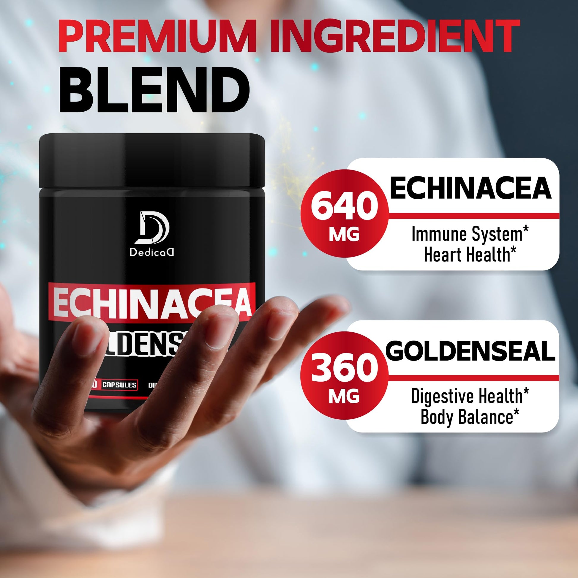 DEDICAD 1000mg Echinacea Goldenseal Capsules - Support Immune System, Well-Being & Overal Health - 60 Veggie Capsules - Non-GMO, Gluten-Free DEDICAD uk supplements
