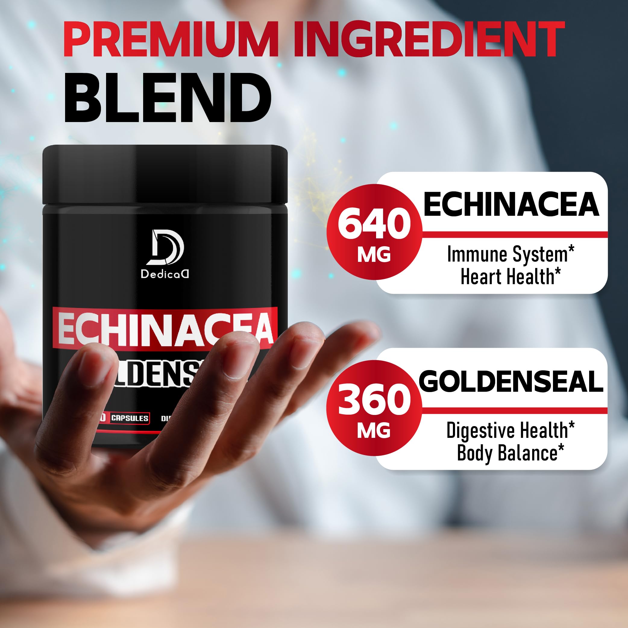 DEDICAD 1000mg Echinacea Goldenseal Capsules - Support Immune System, Well-Being & Overal Health - 60 Veggie Capsules - Non-GMO, Gluten-Free DEDICAD uk supplements