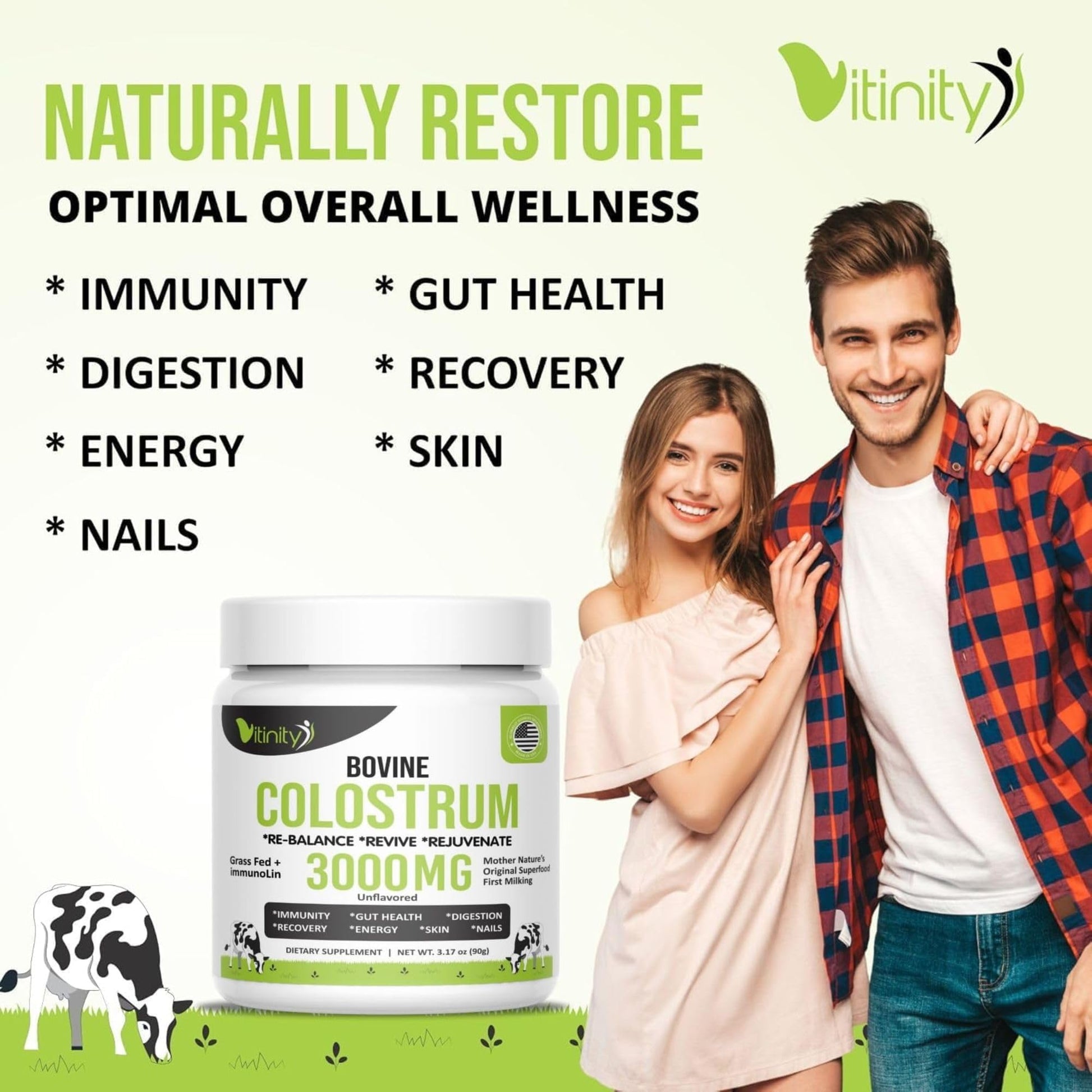 VITINITY Grass Fed Bovine Colostrum Powder for Humans 3000 mg - Natural IgG Colostrum Supplement Gut Health, Immune Support, Muscle Recovery, Wellness | Pure Colostrum Superfood,Unflavored 2 Pack VITINITY uk supplements