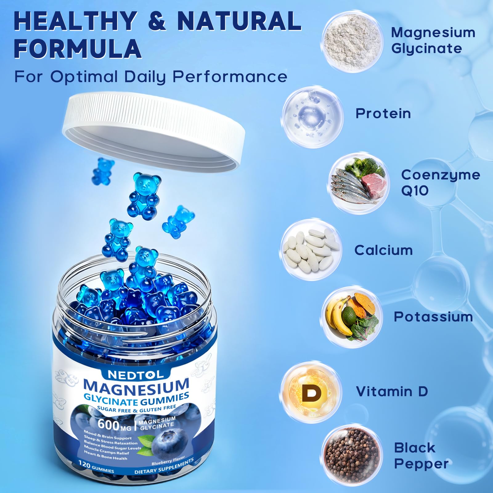 Nedtol Magnesium Glycinate Gummies 600mg, Sugar Free Magnesium Potassium Supplement for Adults with Magnesium L-Threonate, Vitamin D, B6,and CoQ10 for Sleep, Body Support and Relaxation,120 Count Nedtol uk supplements