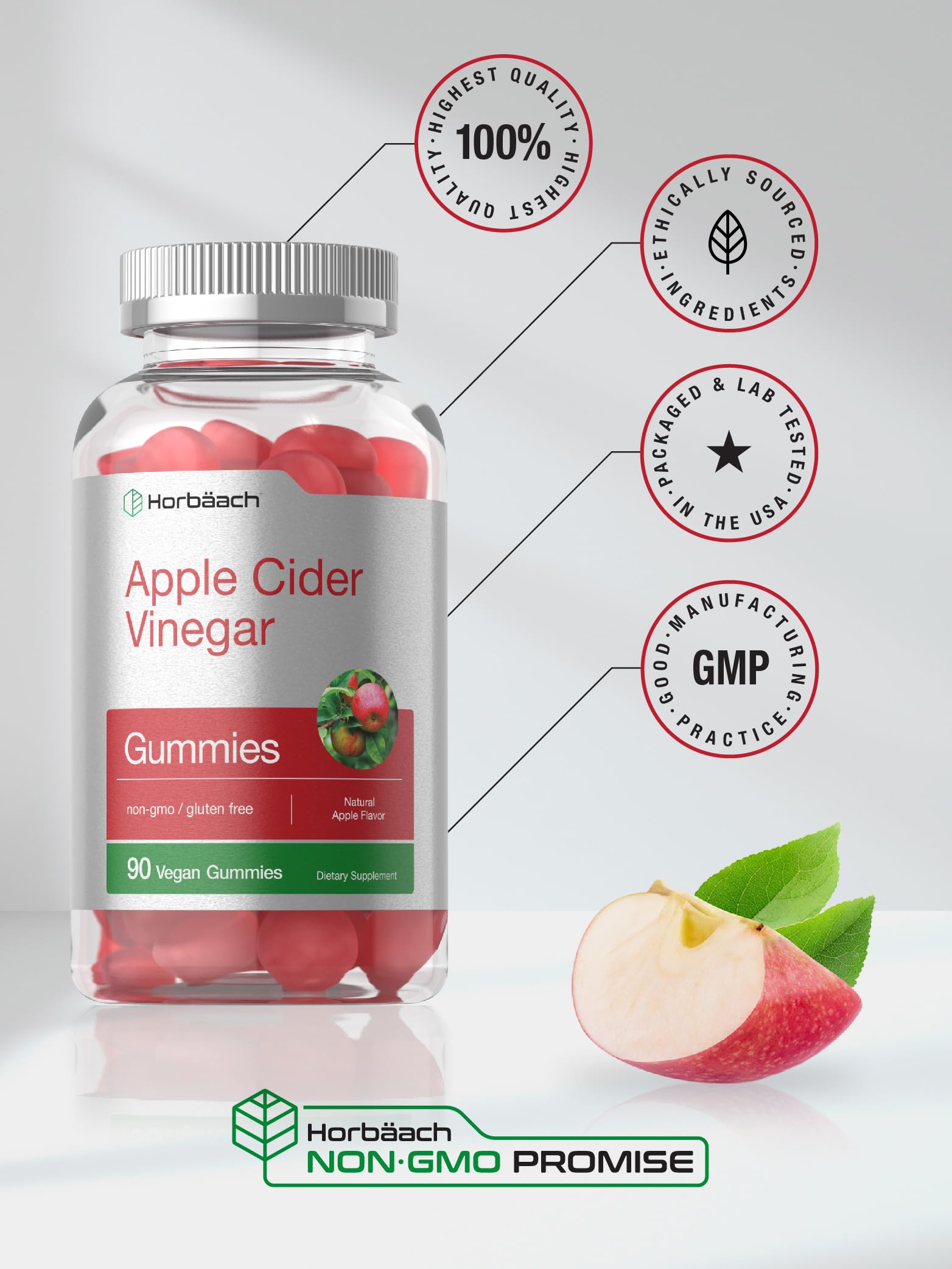 Vegan Apple Cider Vinegar Gummies | 90 Count | ACV Supplement | Natural Apple Flavor Horbäach uk supplements