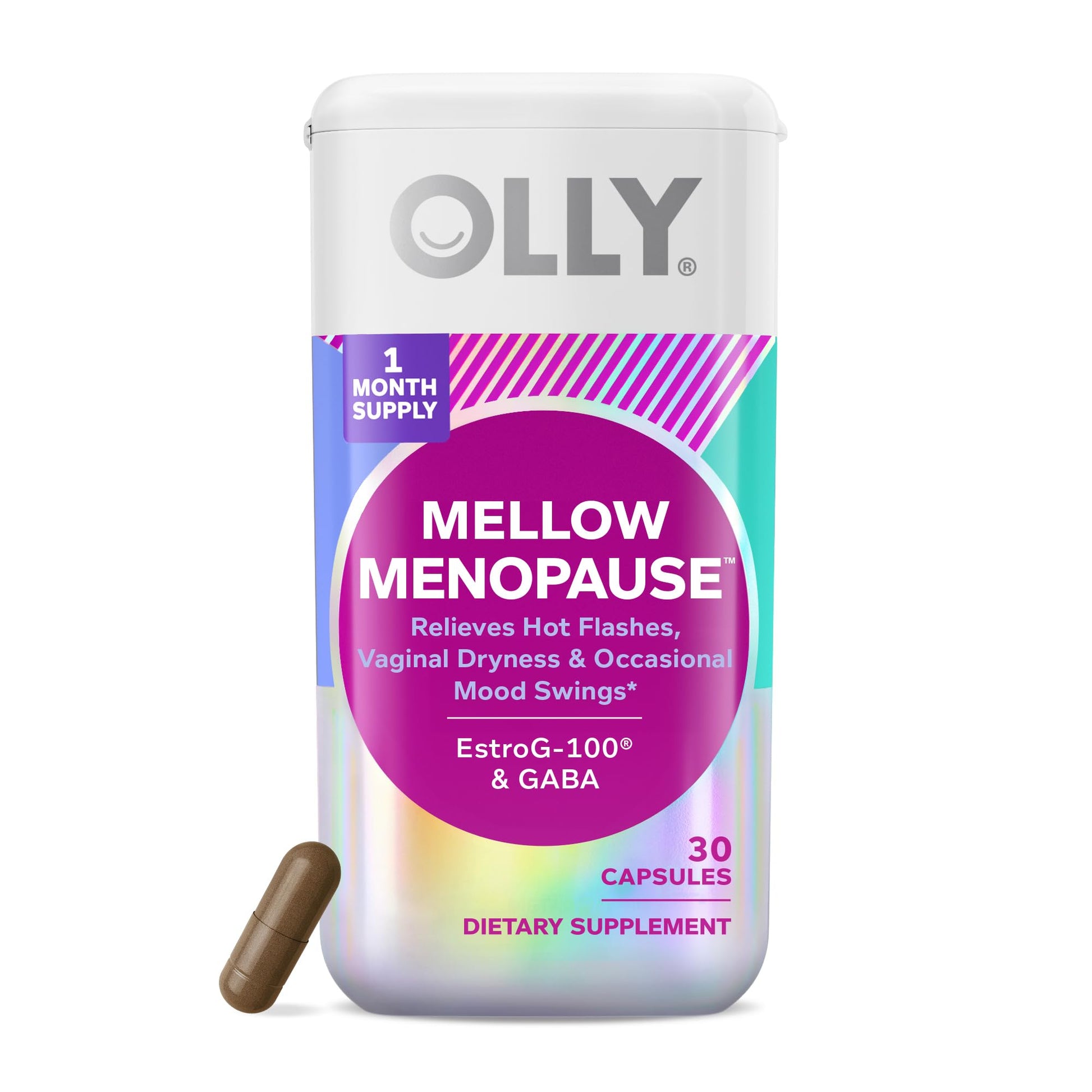 OLLY Mellow Menopause Supplements for Women, Supports Hot Flashes, Vaginal Dryness & Occasional Mood Swings,* Estro-G100®, GABA, Vegan Capsules, 1 Month Supply - 30 Count OLLY uk supplements