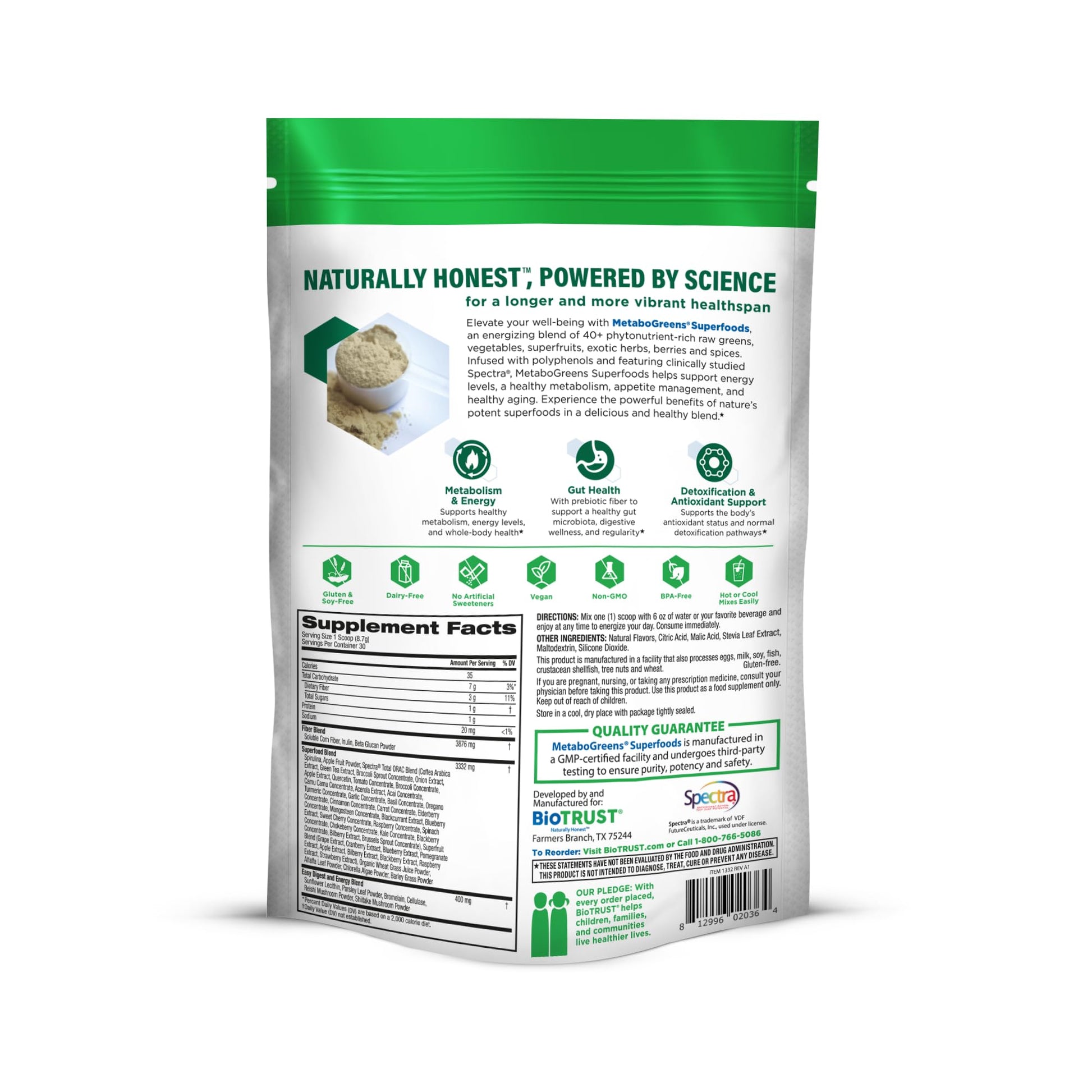 BioTrust Metabo Greens Superfood Powder - Super Greens Powder, Fruit & Veggie Blend with Clinically Studied Spectra - Non GMO, Soy Free, Gluten Free, Dairy Free, Energizing Berry Flavor (30 Servings) BioTrust uk supplements