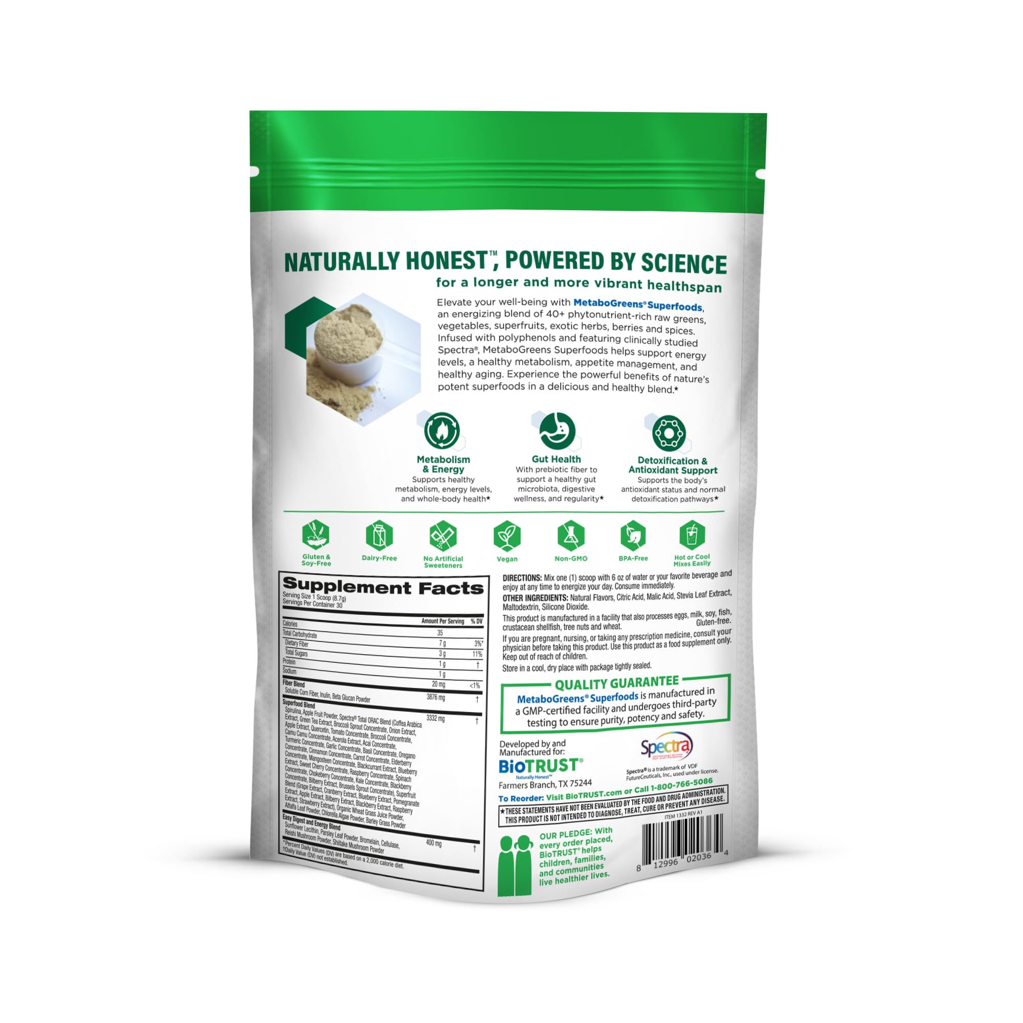 BioTrust Metabo Greens Superfood Powder - Super Greens Powder, Fruit & Veggie Blend with Clinically Studied Spectra - Non GMO, Soy Free, Gluten Free, Dairy Free, Energizing Berry Flavor (30 Servings) BioTrust uk supplements