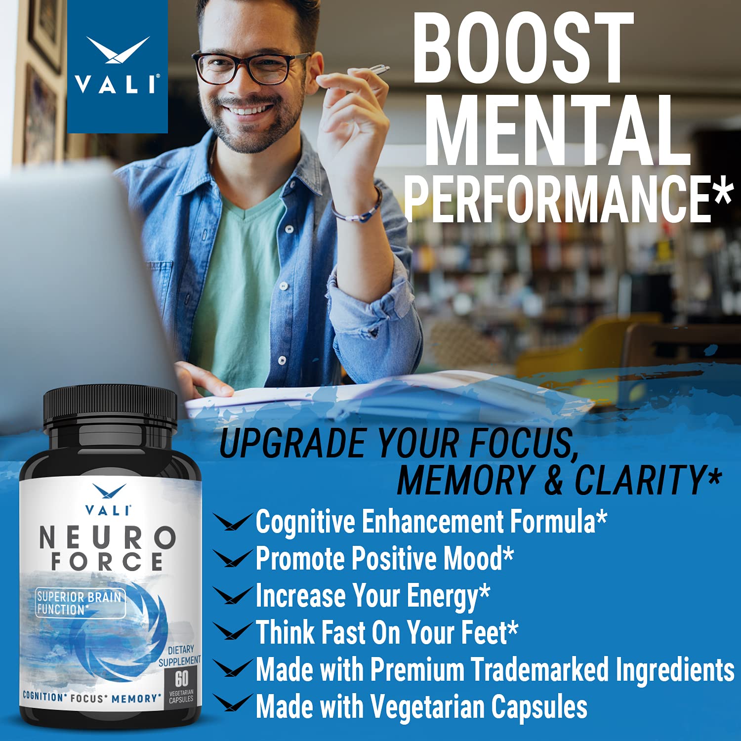 VALI Neuro Force Brain Booster Supplement for Focus, Memory, Clarity & Energy. Extra Strength Nootropic Cognitive Function Support for Mental Performance. with Natural Caffeine. 60 Veggie Capsules VALI uk supplements