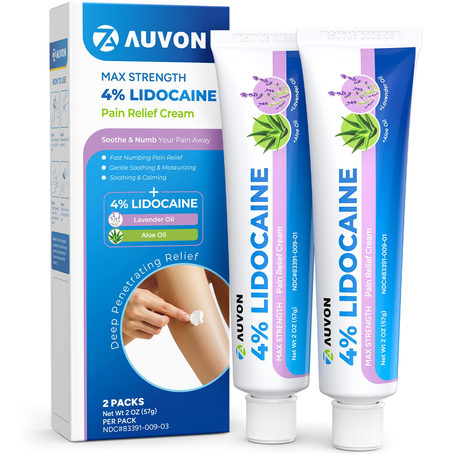 AUVON Max Strength Lidocaine Pain Relief Cream with Lavender & Aloe Vera, Numbing Cream for Minor Arthritis Pain, Soothing Muscle for Neck, Shoulder, Hip, Knee, Joint and Back Pain, 2 Oz, 2 Packs AUVON uk supplements