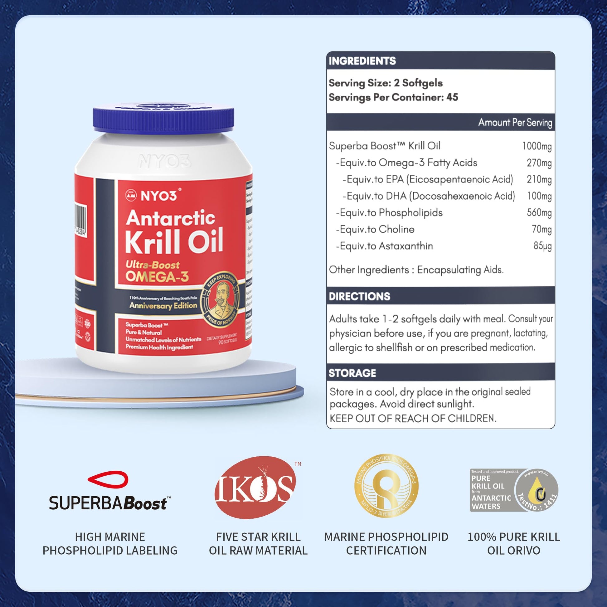 NYO3 Antarctic Krill Oil 1000mg Omega 3 Supplement, EPA & DHA, 90 Softgels Astaxanthin NYO3 uk supplements