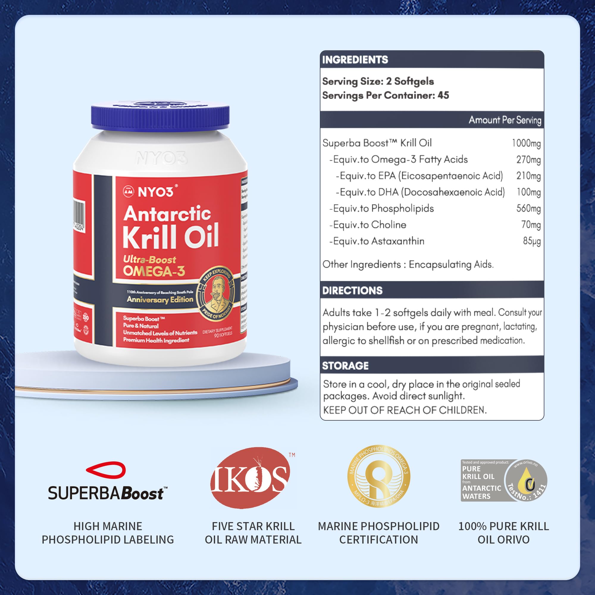 NYO3 Antarctic Krill Oil 1000mg Omega 3 Supplement, EPA & DHA, 90 Softgels Astaxanthin NYO3 uk supplements