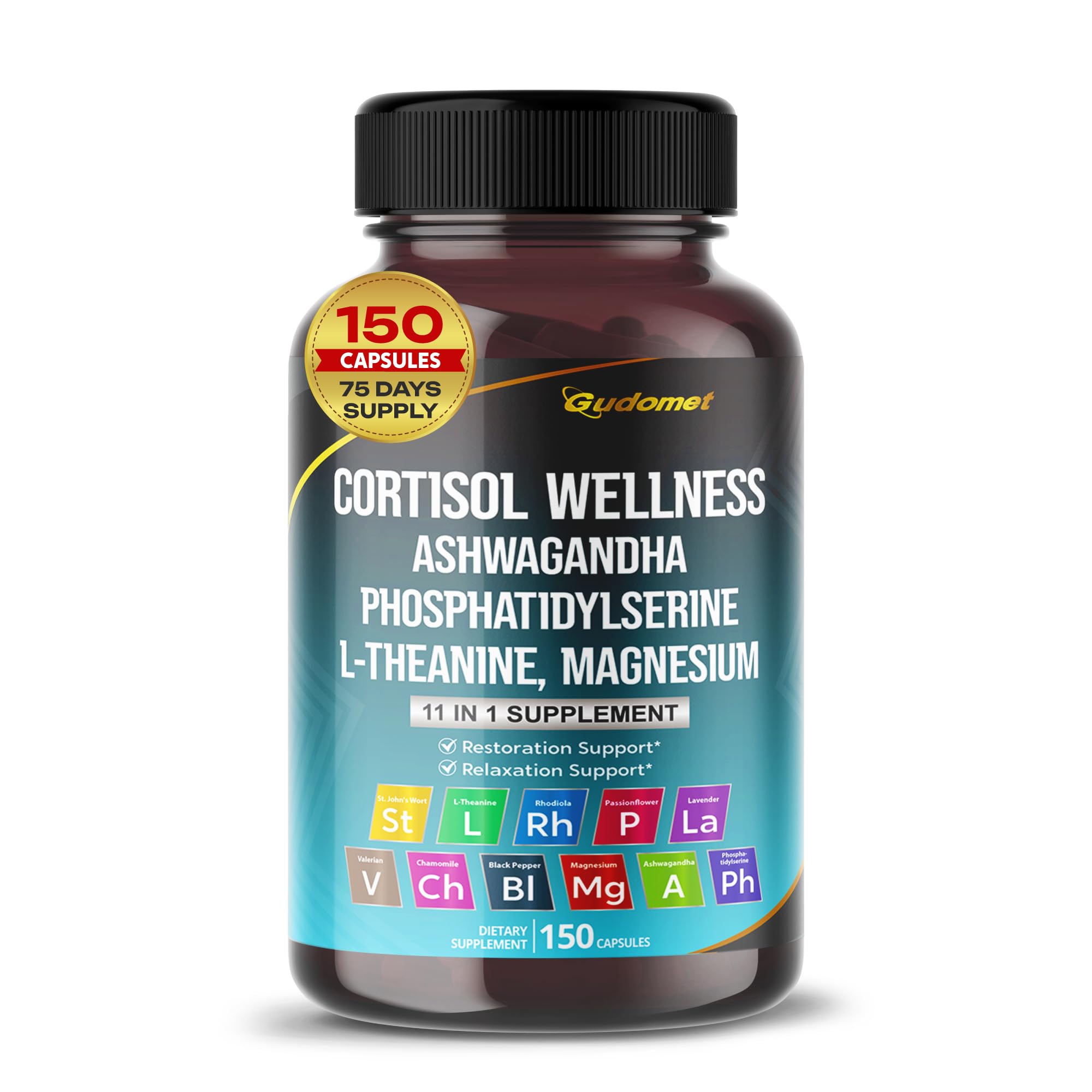 GUDOMET CORTISOL Wellness Magnesium Ashwagandha L-Theanine Phosphatidylserine Rhodiola Rosea Passionflower Lavender Chamomile -150 Capsules GUDOMET uk supplements