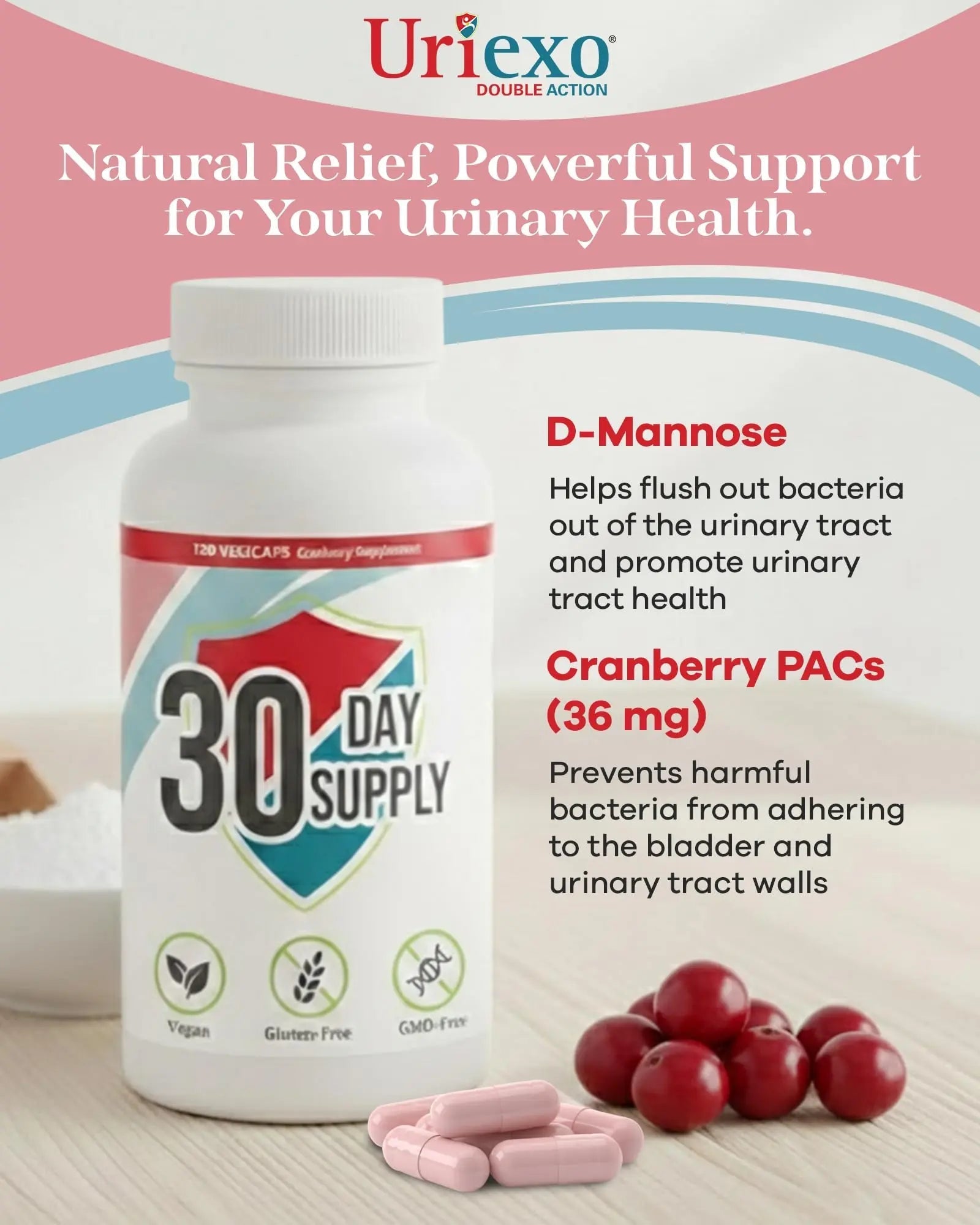 Uriexo Double Action Support Cranberry Pills - Urinary Tract Health Supplement with 36mg Proanthocyanidins PACs & 2000mg D-Mannose, Capsules for Men & Women, Non-Antibiotic Formula, 30 Day Supply Uriexo uk supplements