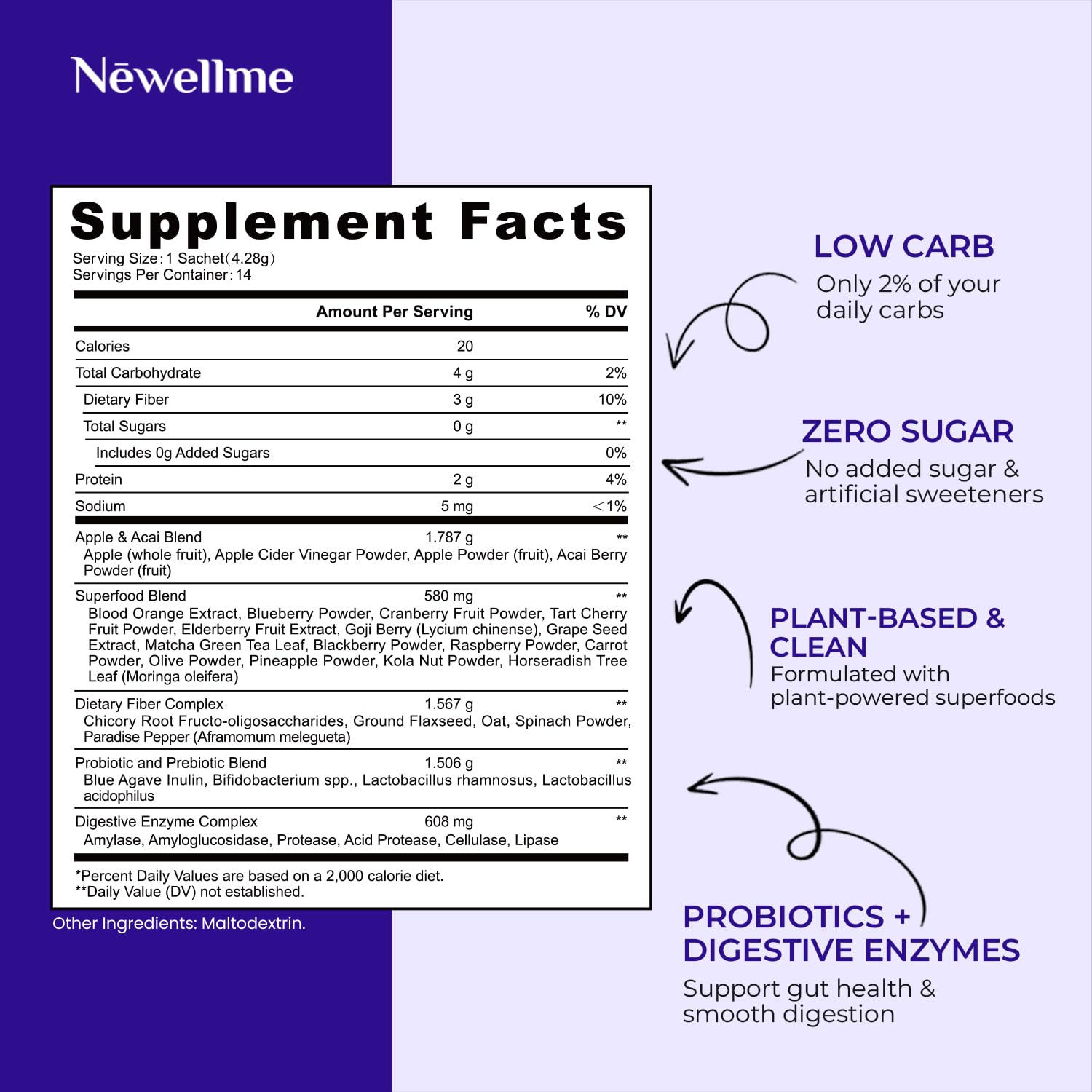 NEWELLME Balance Master Acai Apple Cider Vinegar Powder, Healthy Blood Sugar Support, Probiotics & Digestive Enzymes for Metabolic Support, Vegan Non-GMO, 14 Servings NEWELLME uk supplements