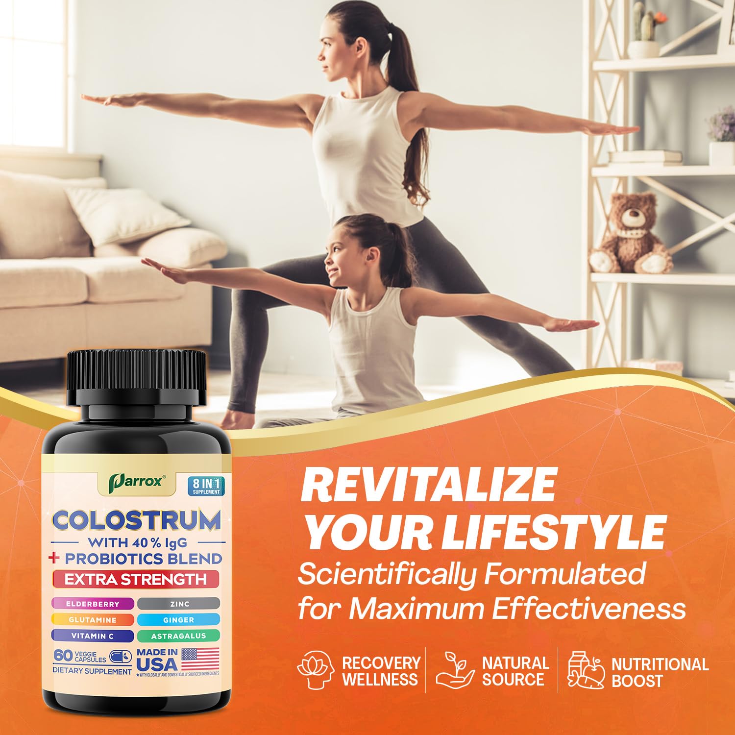 Parrox Colostrum Supplement Capsules, Grass Fed Cow Colostrum with 40% IgG, Probiotics Blend, Elderberry, Astragalus, Zinc, Ginger, Vitamin C, L-Glutamine, 8 in 1 Extra Strength Bovine Boost (60 Caps) Parrox uk supplements